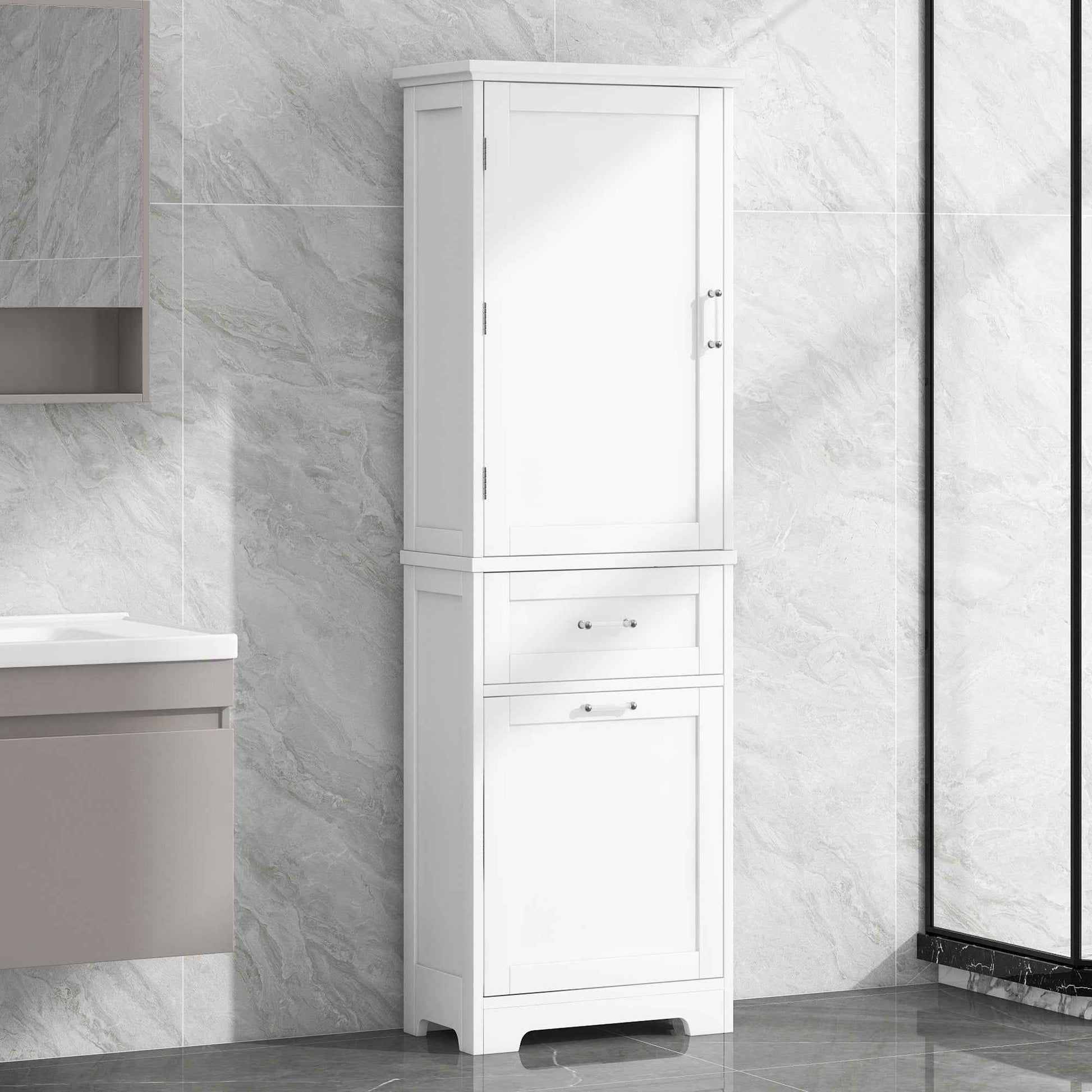 Tall Bathroom Storage Cabinet, Freestanding Storage Cabinet with Two Different Size Drawers and Adjustable Shelf, MDF Board with Painted Finish, White (Old Sku:WF312730AAK)