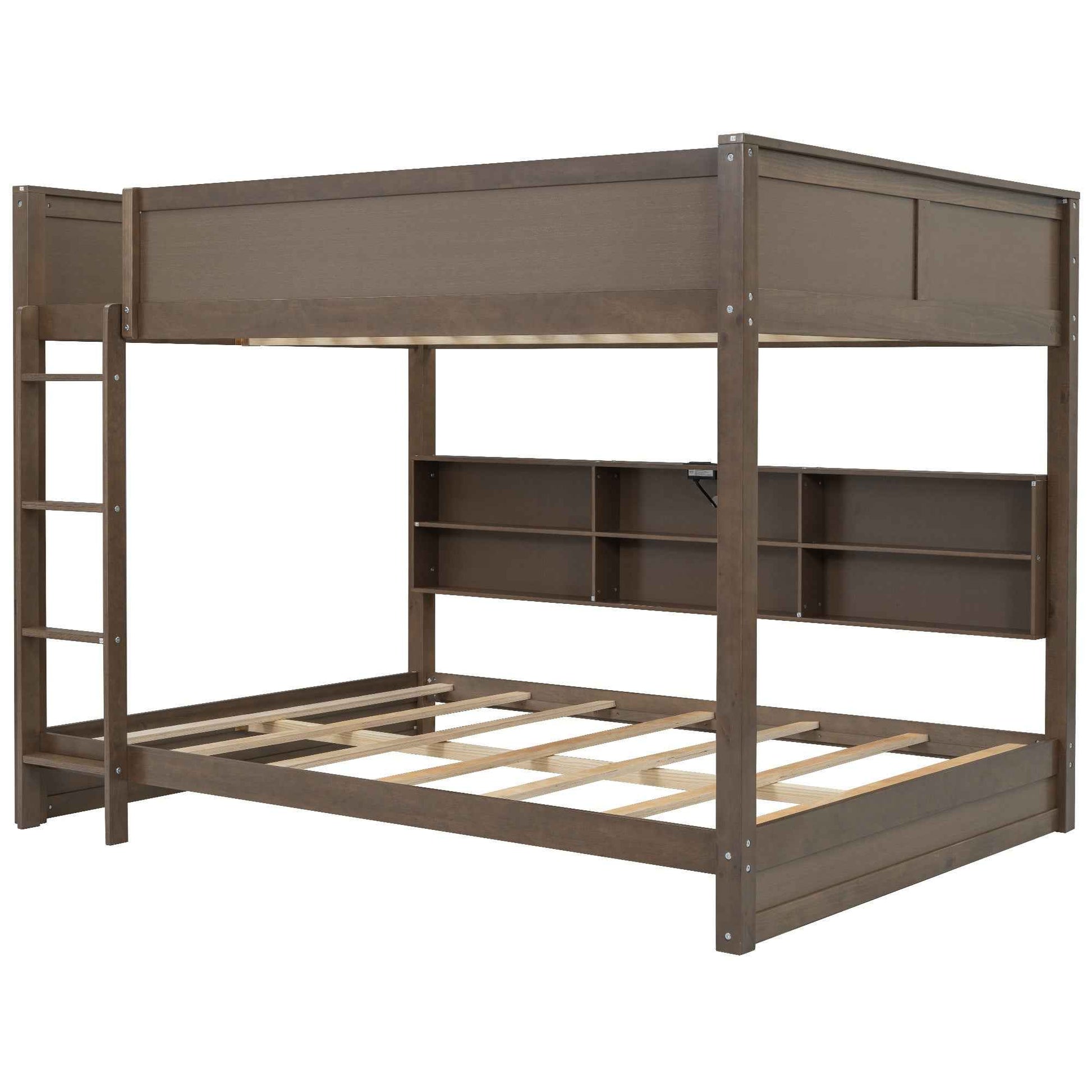 Queen over Queen Bunk Bed with Storage Cabinets and USB Ports in Antique Wood Color, Solid Pine Wood+MDF