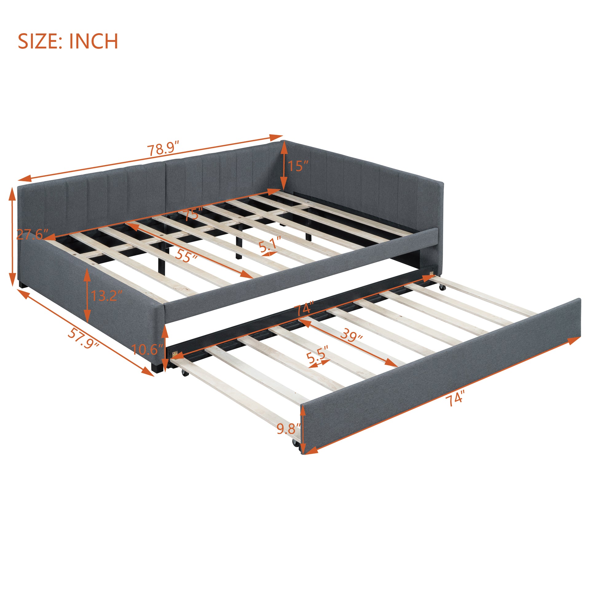 Full Size Upholstered Daybed with Trundle Sofa Bed Frame No Box Spring Needed, Linen Fabric(Gray) - Abrihome