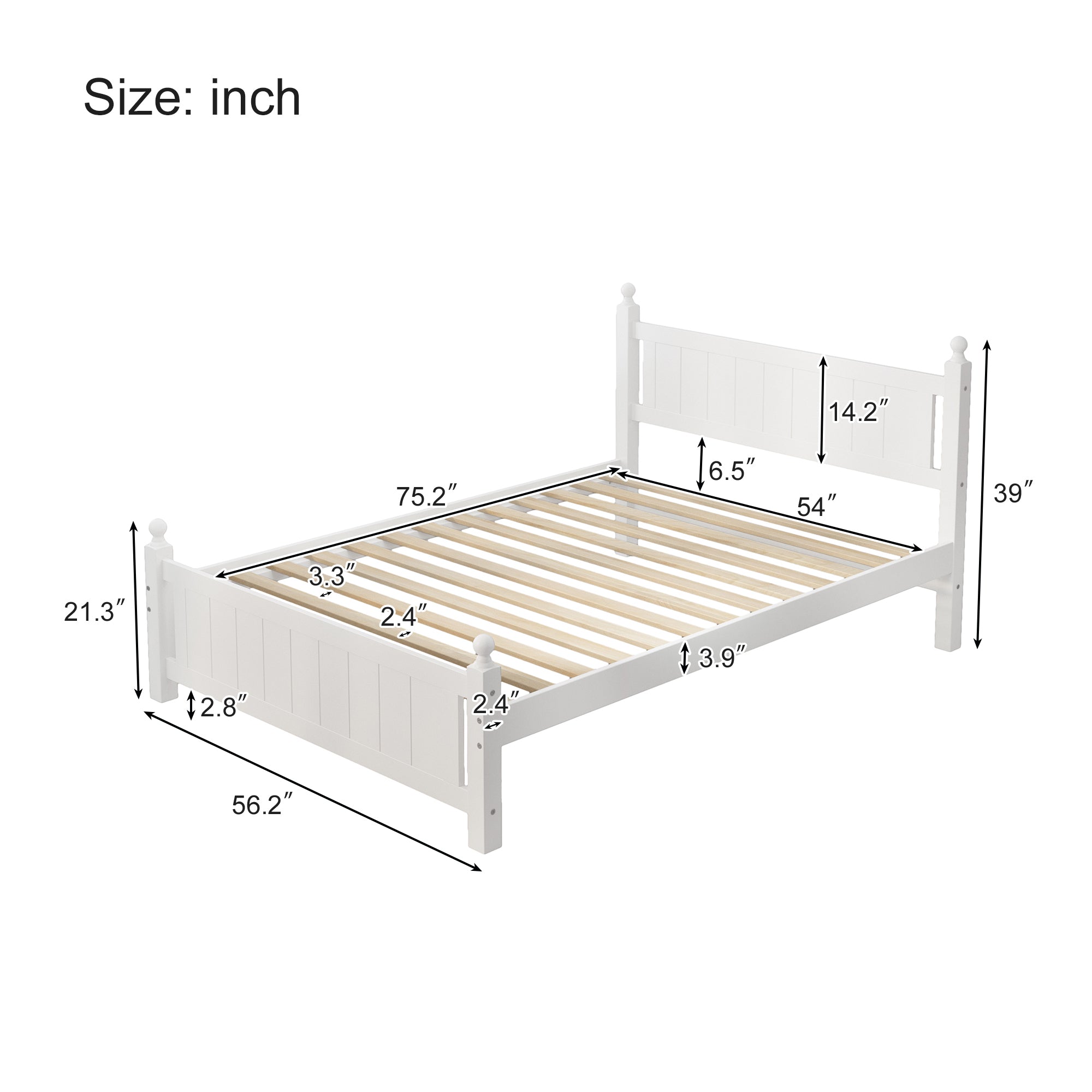 Full Size Solid Wood Platform Bed Frame for Kids, Teens, Adults, No Need Box Spring, White