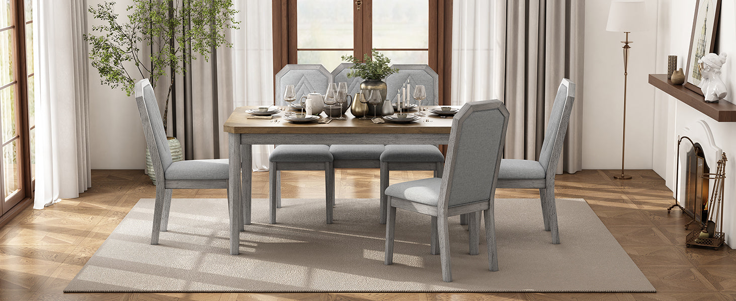 TREXM 7-Piece Farmhouse Dining Set Classic Rustic Table and 6 high-back design Chairs for Dining Room, Kitchen (Brown+Gray)