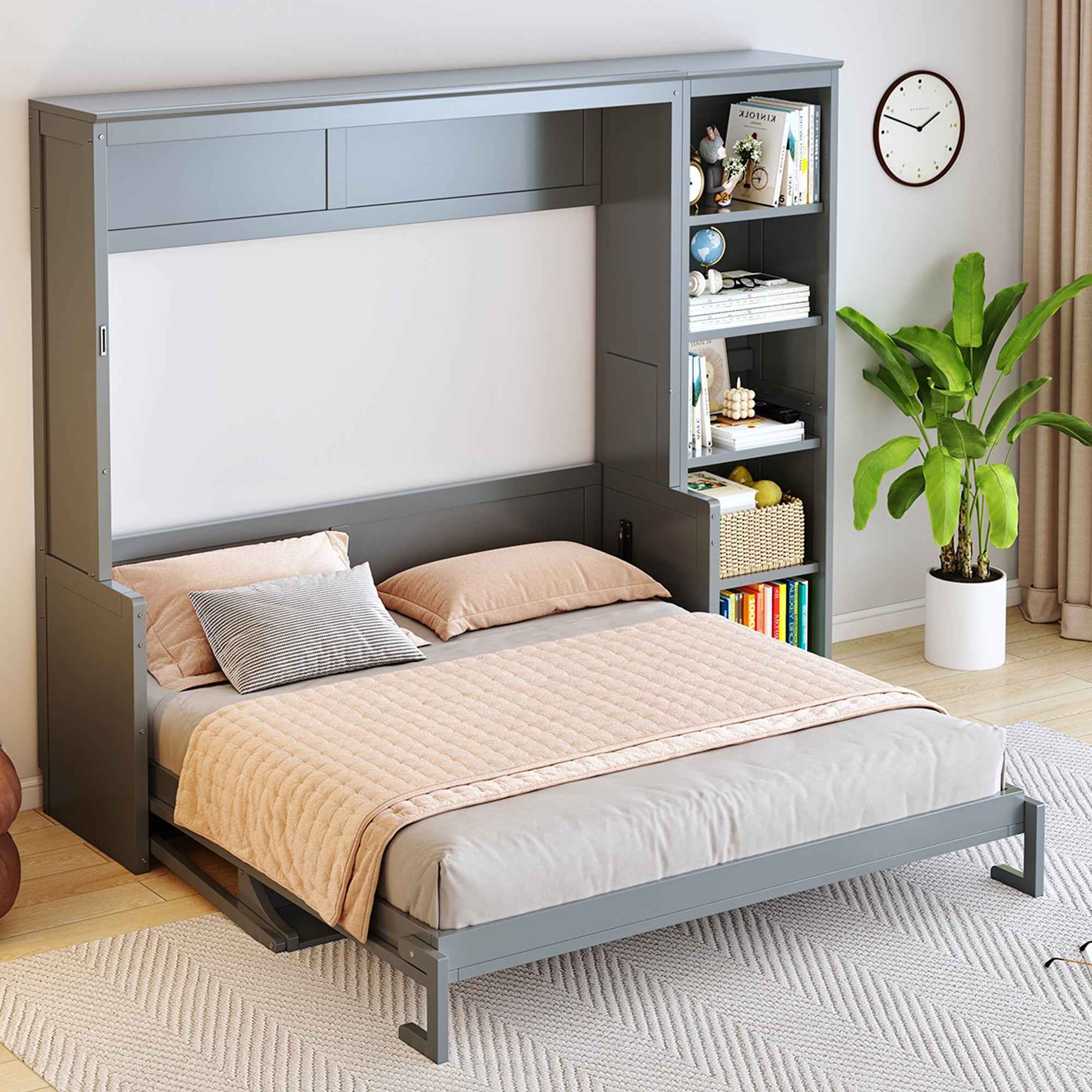 Gray Queen Size Murphy Bed with Desk and Bookshelf, Pine Wood + MDF, Space-Saving Design for Small Rooms