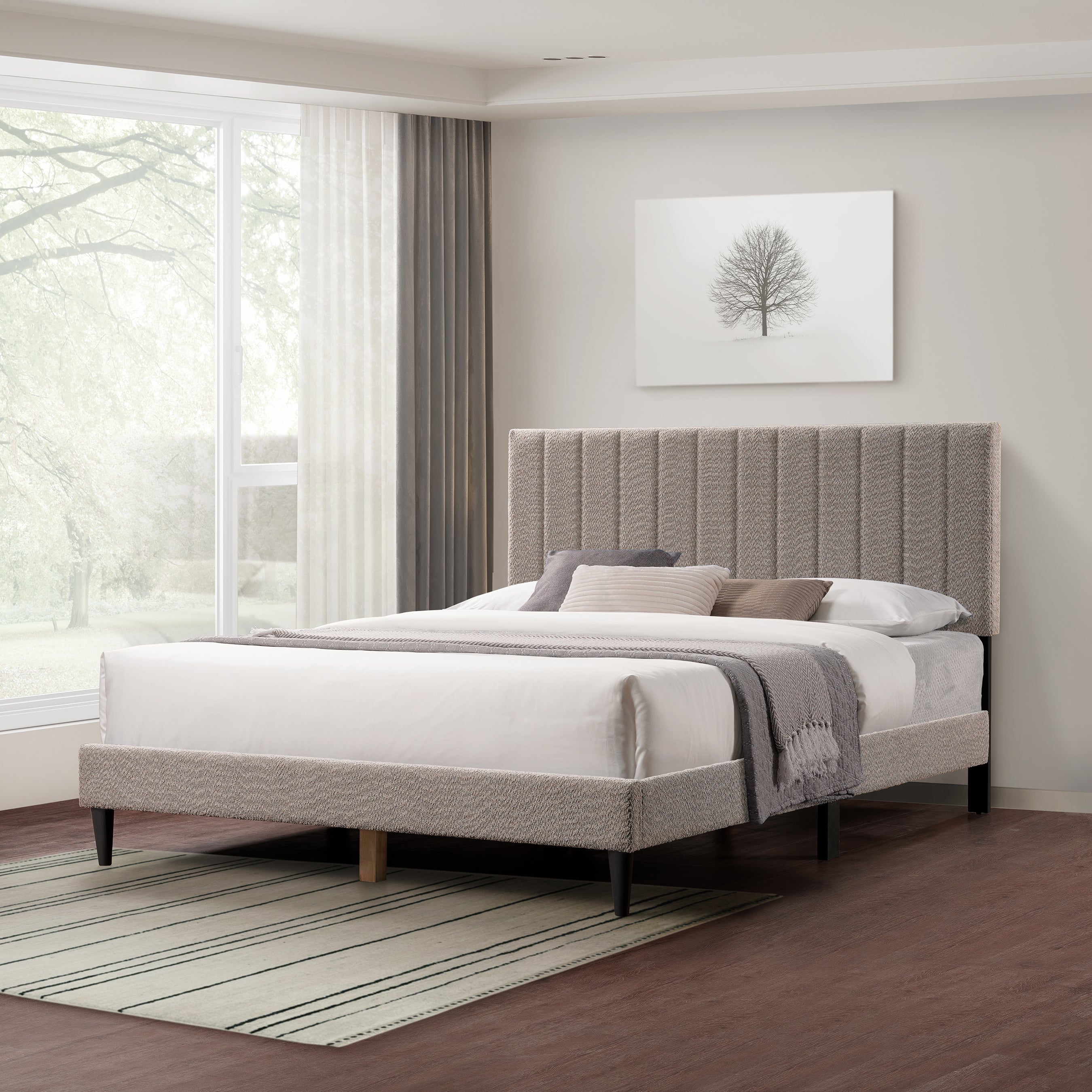 Gray Upholstered Queen Platform Bed Frame, Tufted Channel Headboard, Mid-Century Bedroom Furniture, No Box Spring Required, Bed Frame Wood Slats, Modern Soft Boucle, 64.25' x 84.5' x 45' - Abrihome