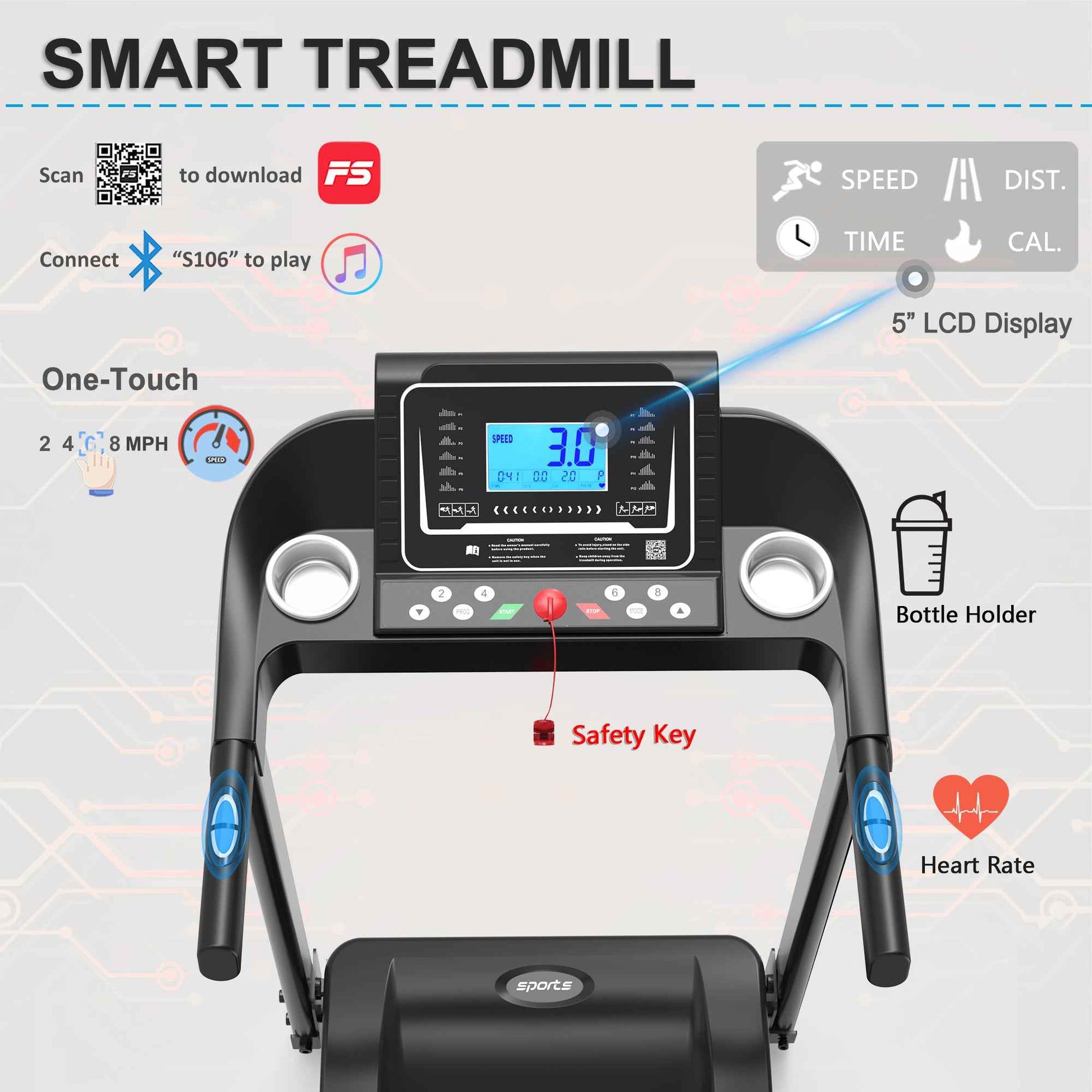 Fitshow App Home Foldable Treadmill with Incline, Folding Treadmill for Home Workout, Electric Walking Running Treadmill Machine 5' LCD Screen 250 LB Capacity Bluetooth Music