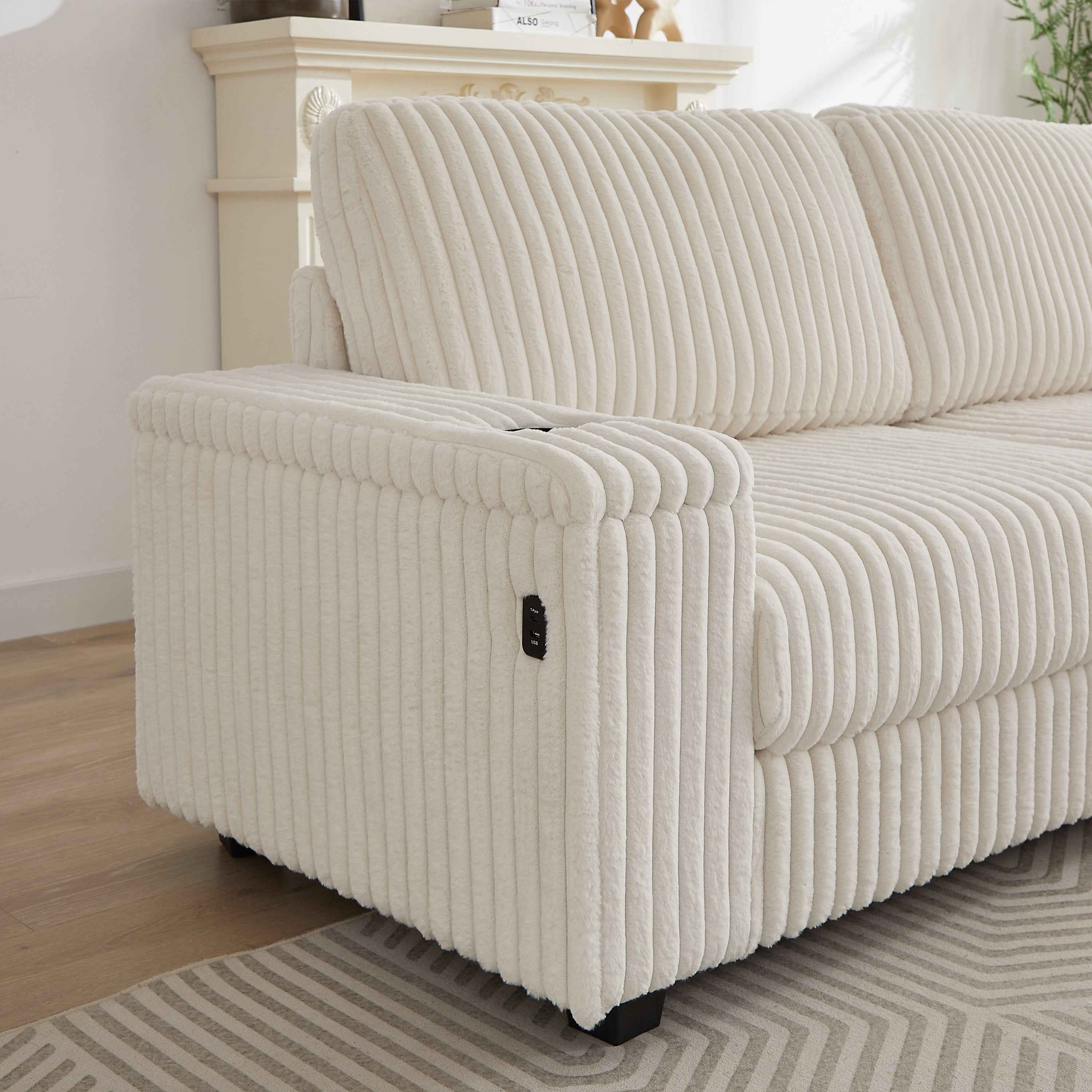 110-Inch Oversized Corduroy Corner Sofa,L Shaped Corner Couch with two storage spaces,USB port & Type-C port and Cup-holder , Deep Seat Comfy Upholstered Couches for Living Room(Not freely combinable)