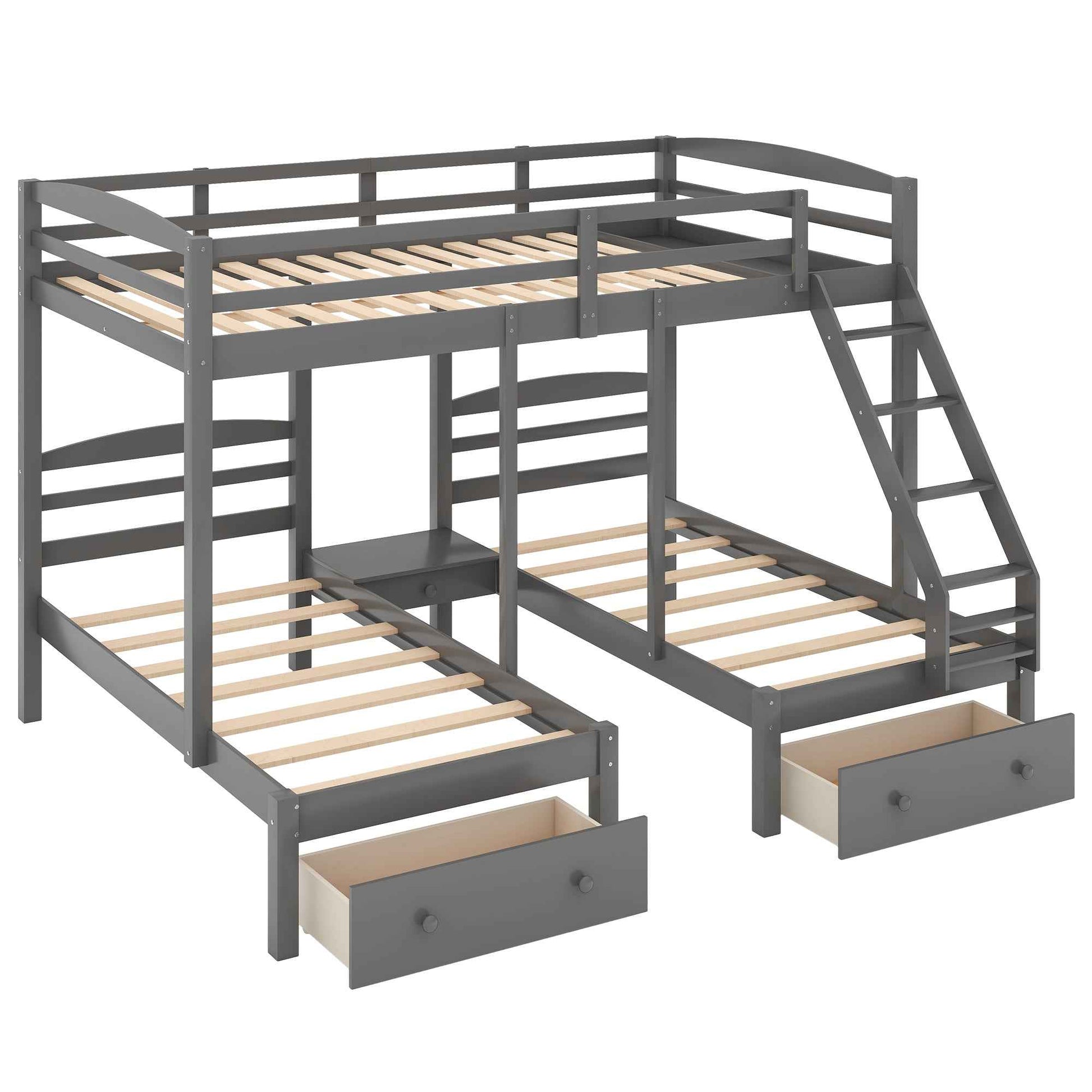 Full over Twin & Twin, Triple Bunk Bed with Drawers, Grey
