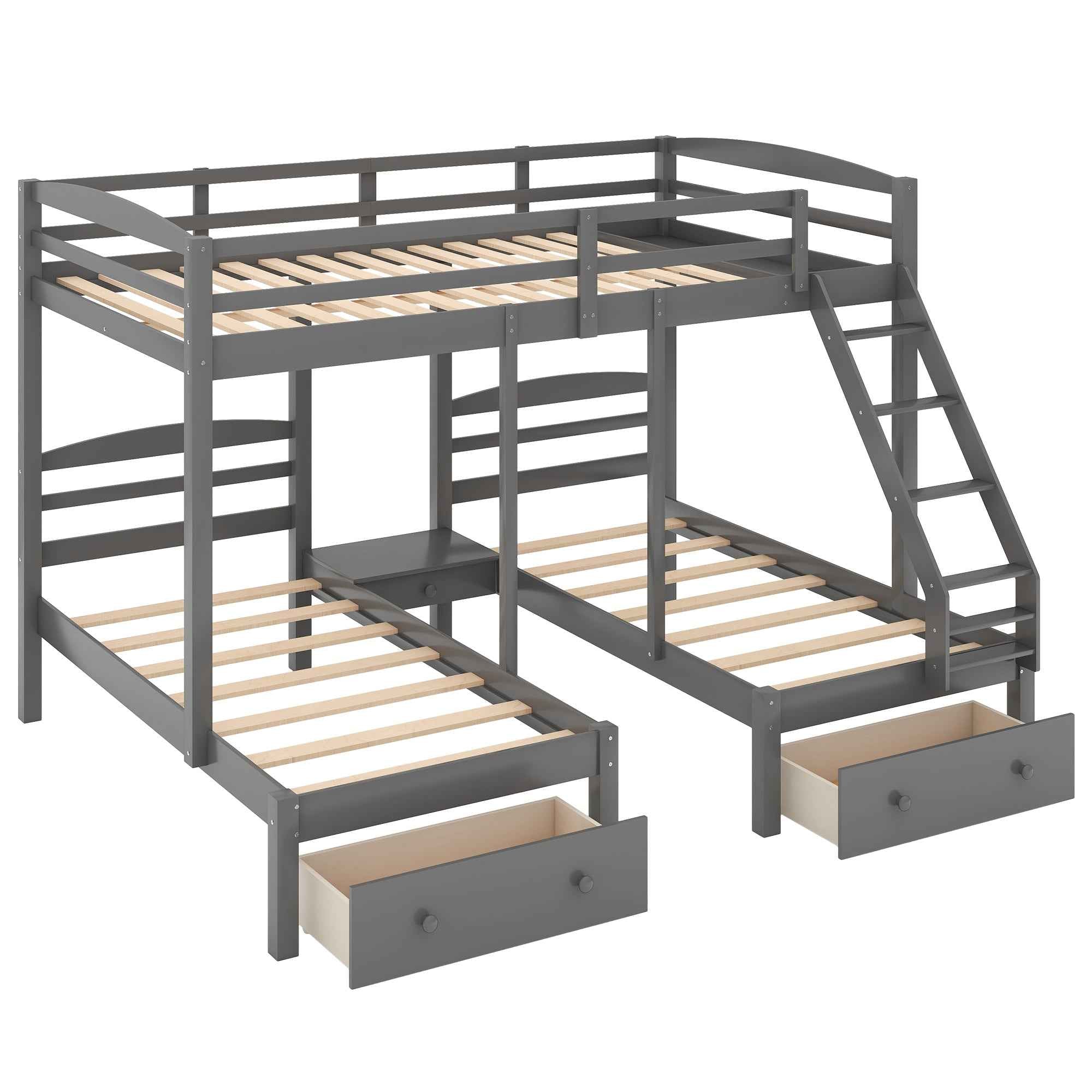 Full over Twin & Twin, Triple Bunk Bed with Drawers, Grey
