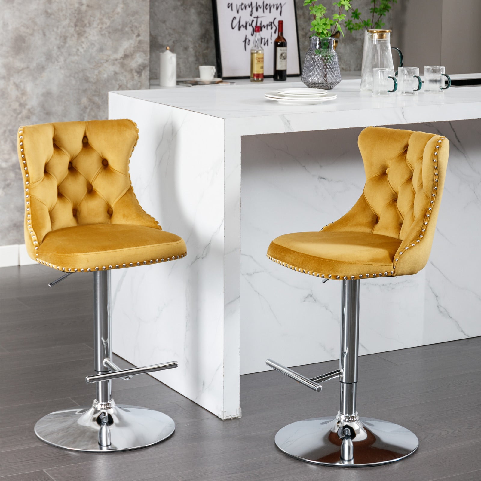 A&A Furniture,Swivel Velvet Barstools Adjusatble Seat Height from 25-33 Inch, Modern Upholstered Chrome base Bar Stools with Backs Comfortable Tufted for Home Pub and Kitchen Island（Gold,Set of 2）