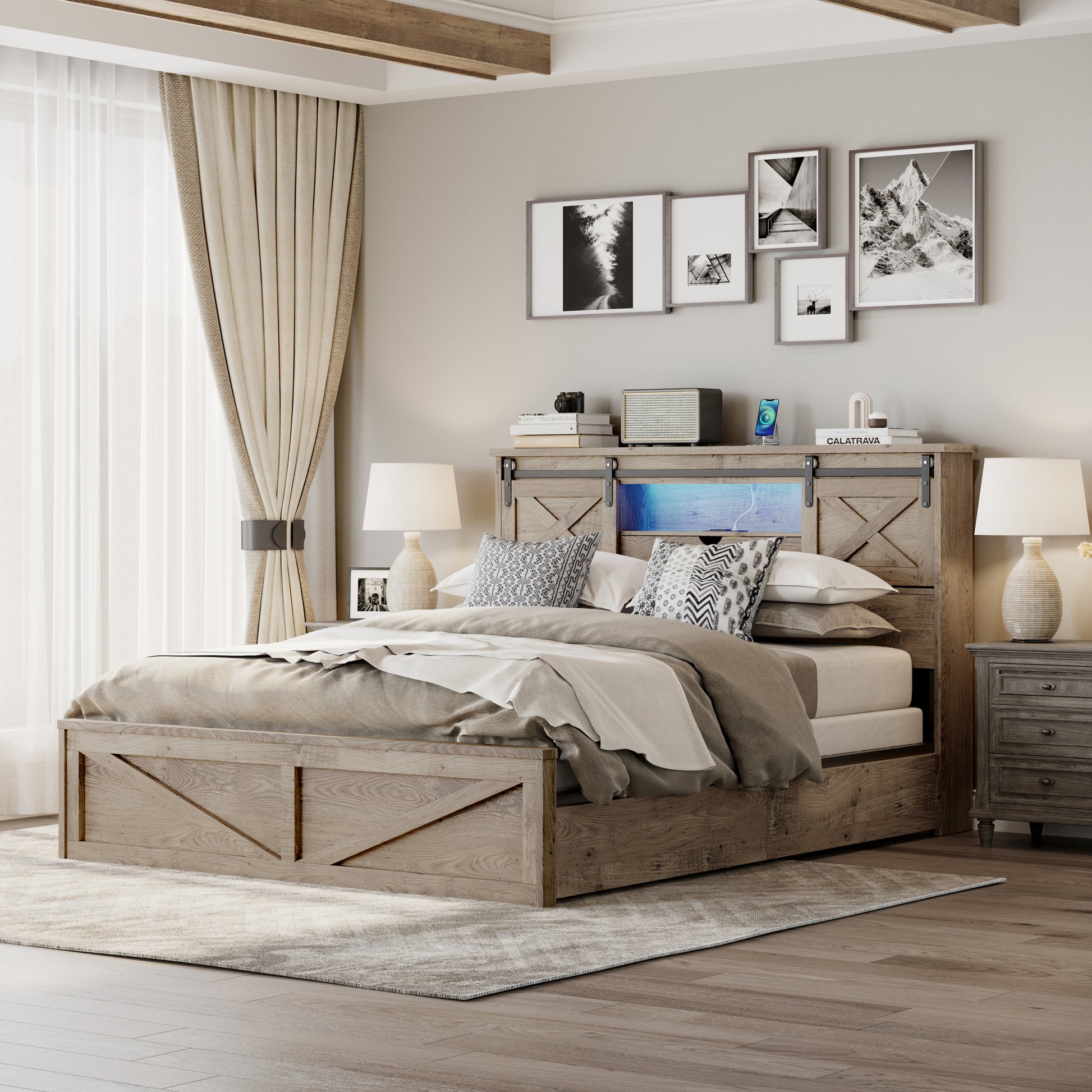 Farmhouse Bed Frame Queen Size with LED Lights and Charging Station, Wooden Queen Bed with 2 Storage Drawers, Rustic Headboard with Sliding Barn Door Storage Cabinets - Abrihome