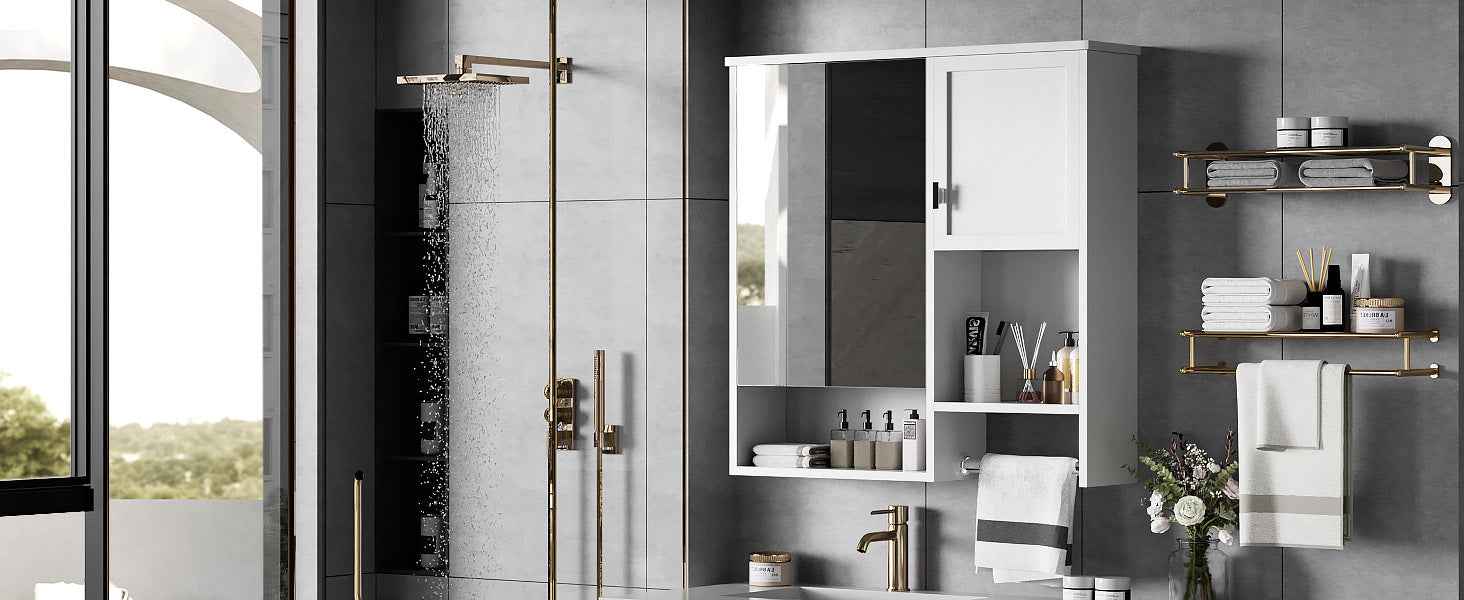 29'' x 28'' Modern Wall Mounted Bathroom Medicine Cabinet, Bathroom Wall Storage Cabinet with Mirror, Over the Toilet Space Saver Cabinet with Towels Bar