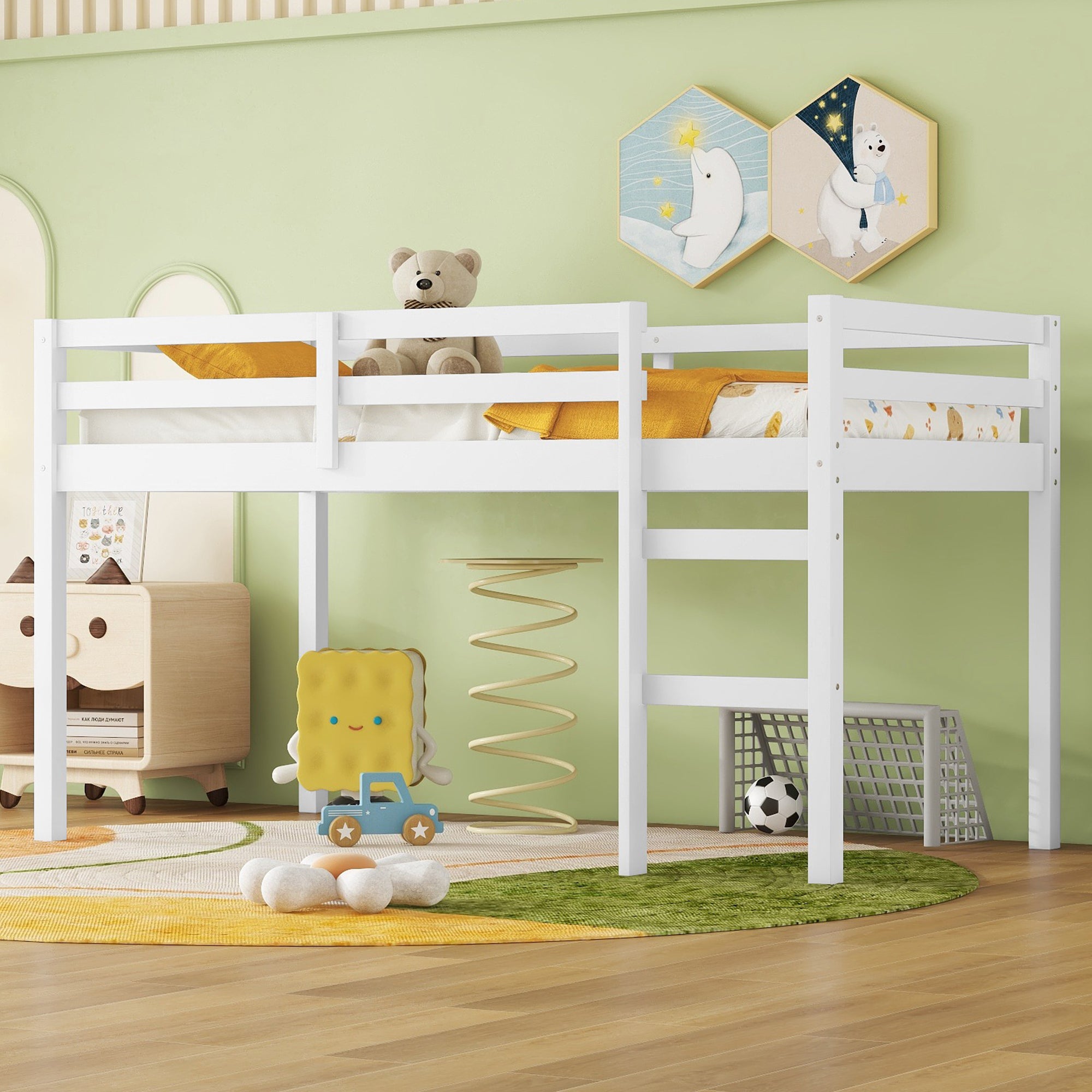 Solid Wooden, Rubber Wooden Twin Loft Bed with Ladder, Bed Platform of Strengthened Slats , White - Abrihome