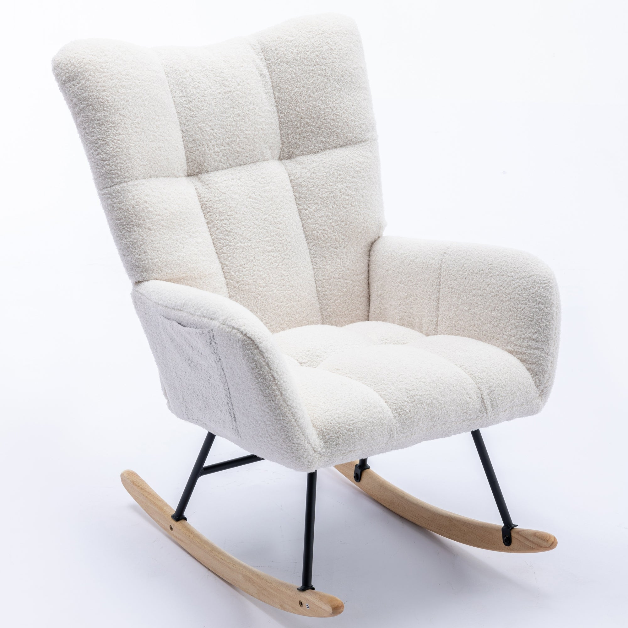 Rocking Chair with Pocket, Soft Teddy Fabric Rocking Chair for Nursery, Comfy Wingback Glider Rocker with Safe Solid Wood Base for Living Room Bedroom Balcony (white)