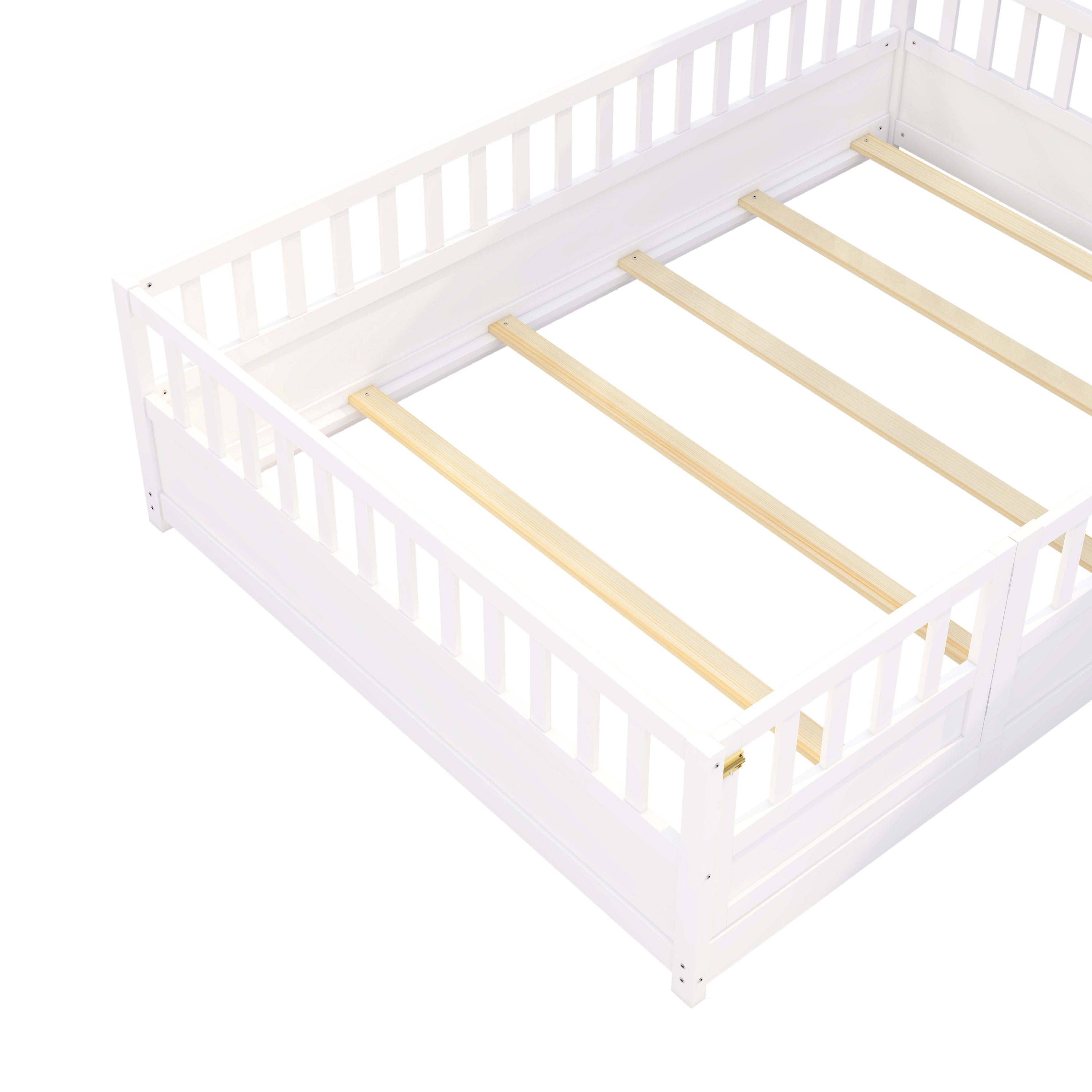 Full size  Floor bed, integral construction with super high security barrier, door, children's floor bed frame, Montessori wooden children's floor bed, Support slat white