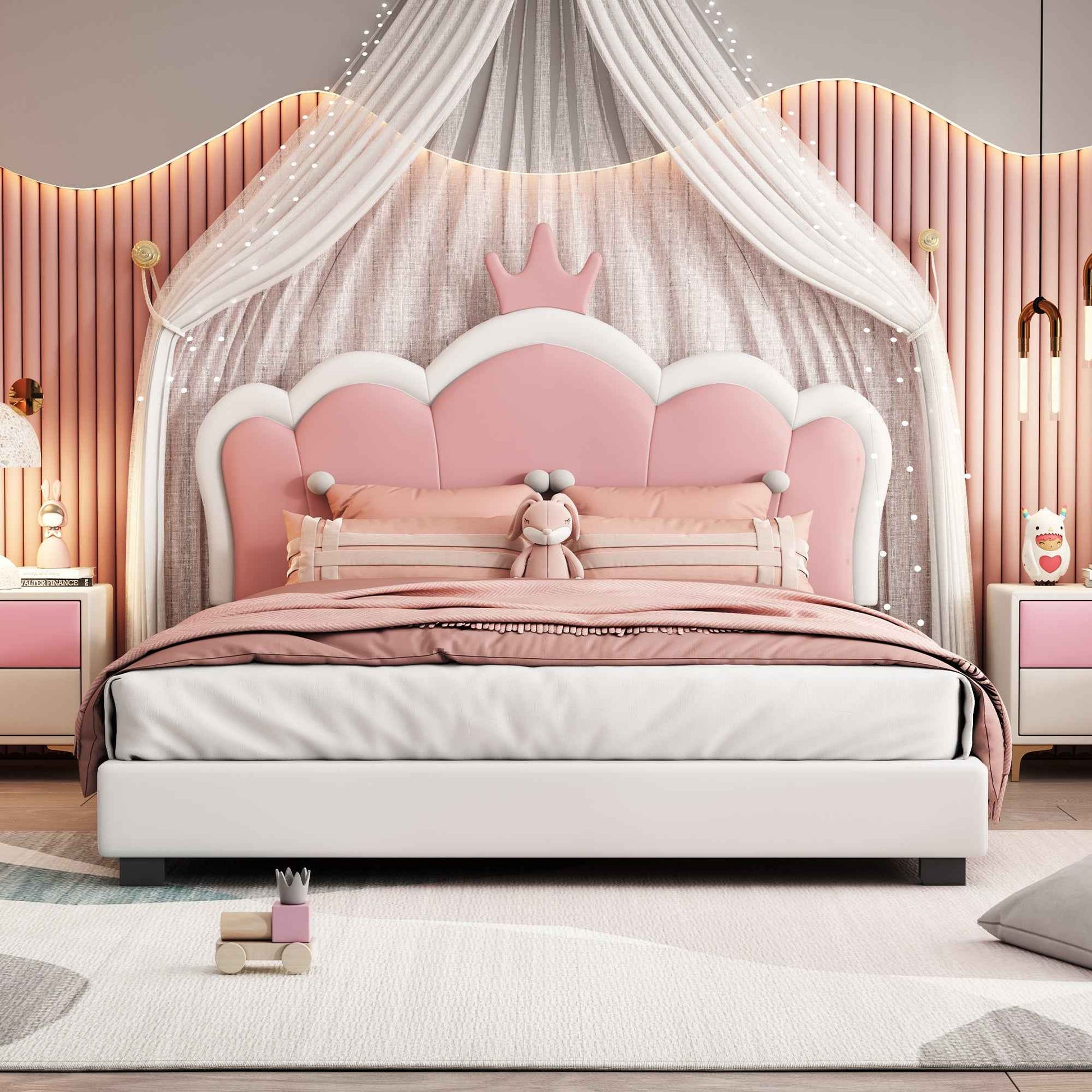 Full size Upholstered Princess Bed With Crown Headboard,Full Size Platform Bed with Headboard and Footboard, Cream+Pink(Old SKU:WF303337AAK)