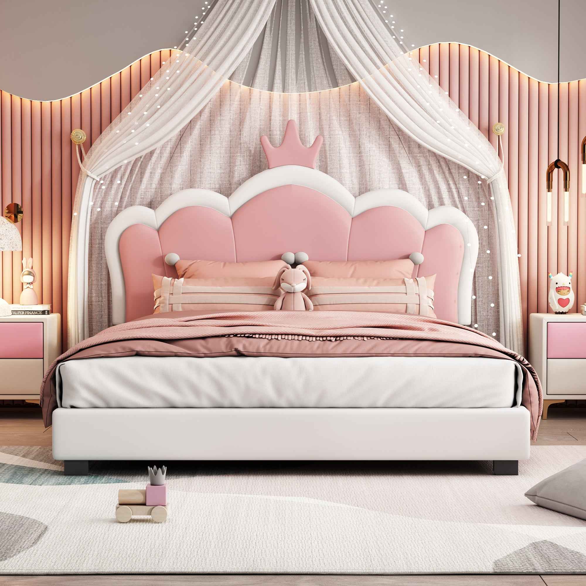 Full size Upholstered Princess Bed With Crown Headboard,Full Size Platform Bed with Headboard and Footboard, Cream+Pink(Old SKU:WF303337AAK)
