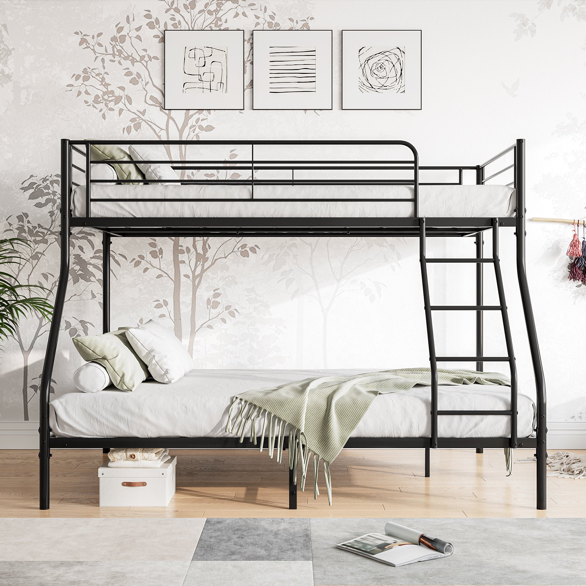 Heavy Duty Twin-Over-Full Metal Bunk Bed, Easy Assembly with Enhanced Upper-Level Guardrail, Black - Abrihome
