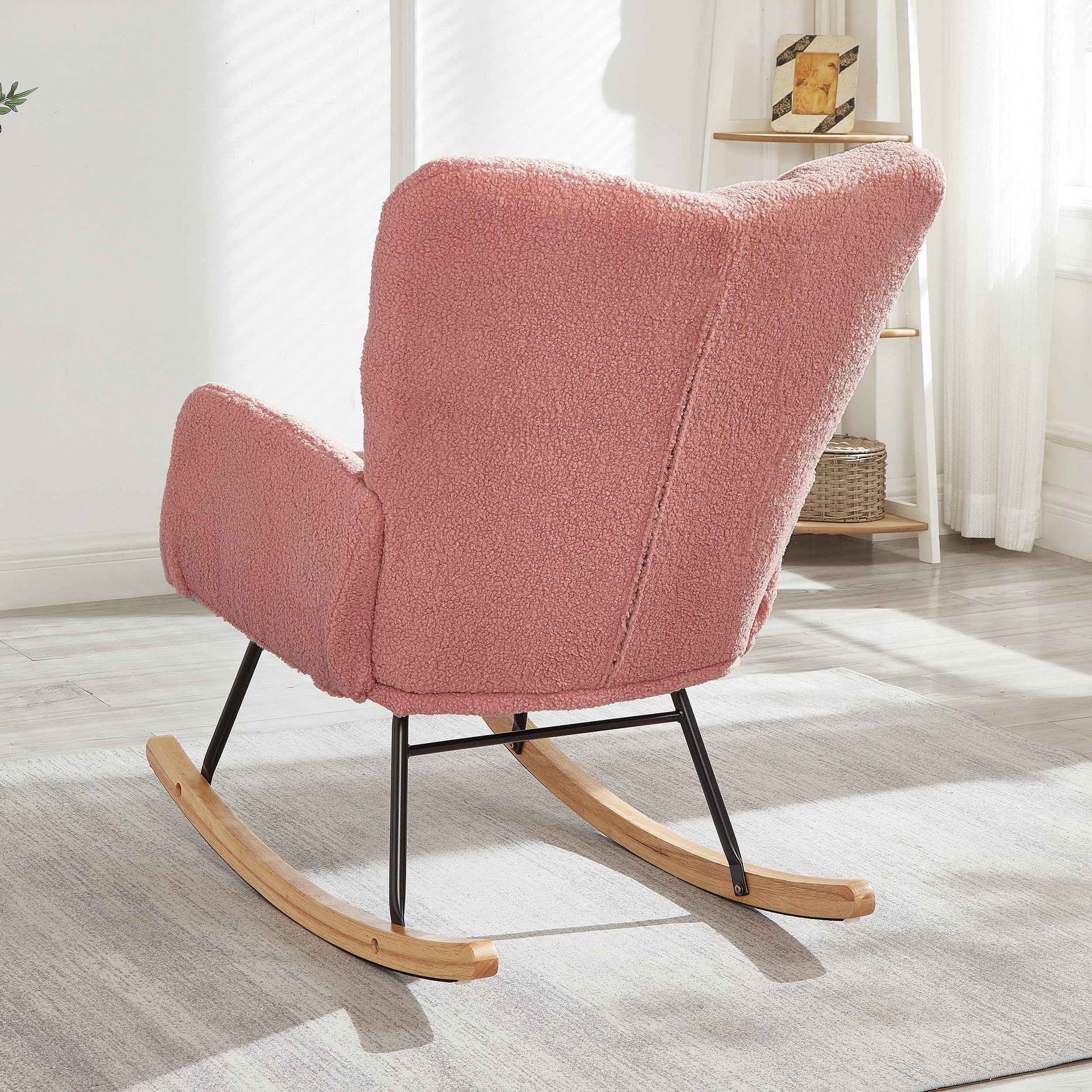 Glider Chair for Living Room Tufted Upholstered Teddy Fabric Rocking Chair with Metal Frame Accent Chair Pink