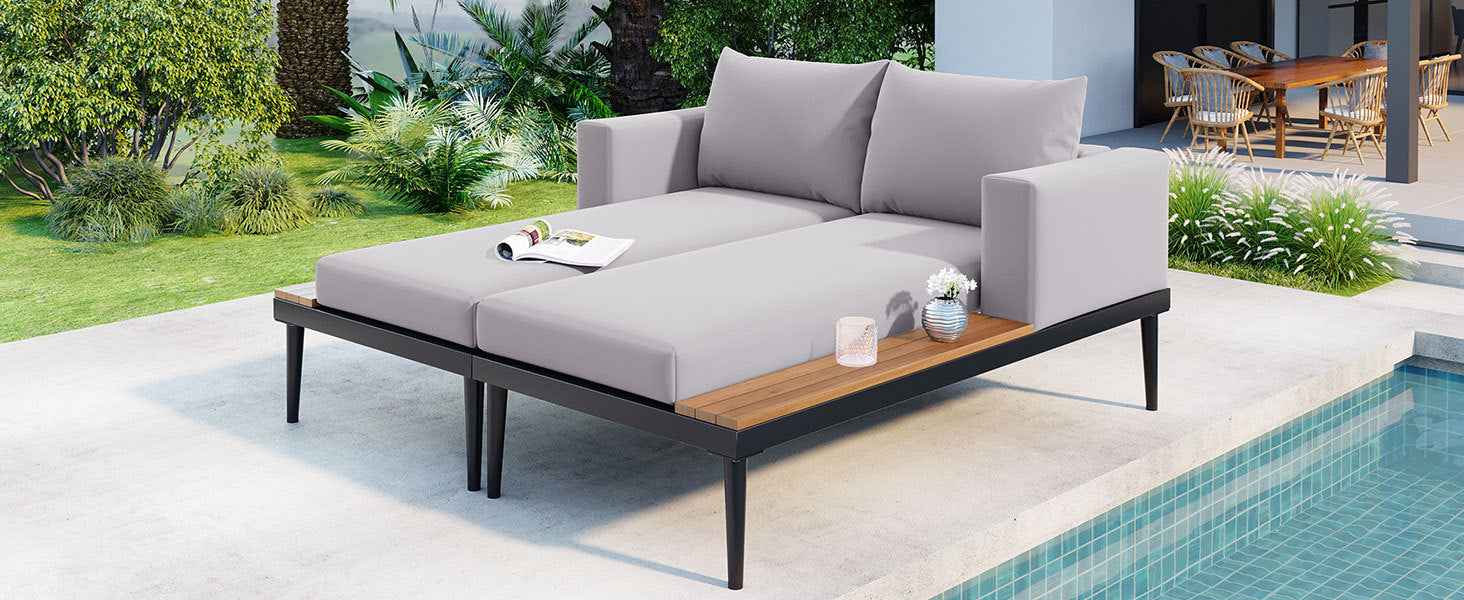 TOPMAX Modern Outdoor Daybed Patio Metal Daybed with Wood Topped Side Spaces for Drinks, 2 in 1 Padded Chaise Lounges for Poolside, Balcony, Deck, Gray