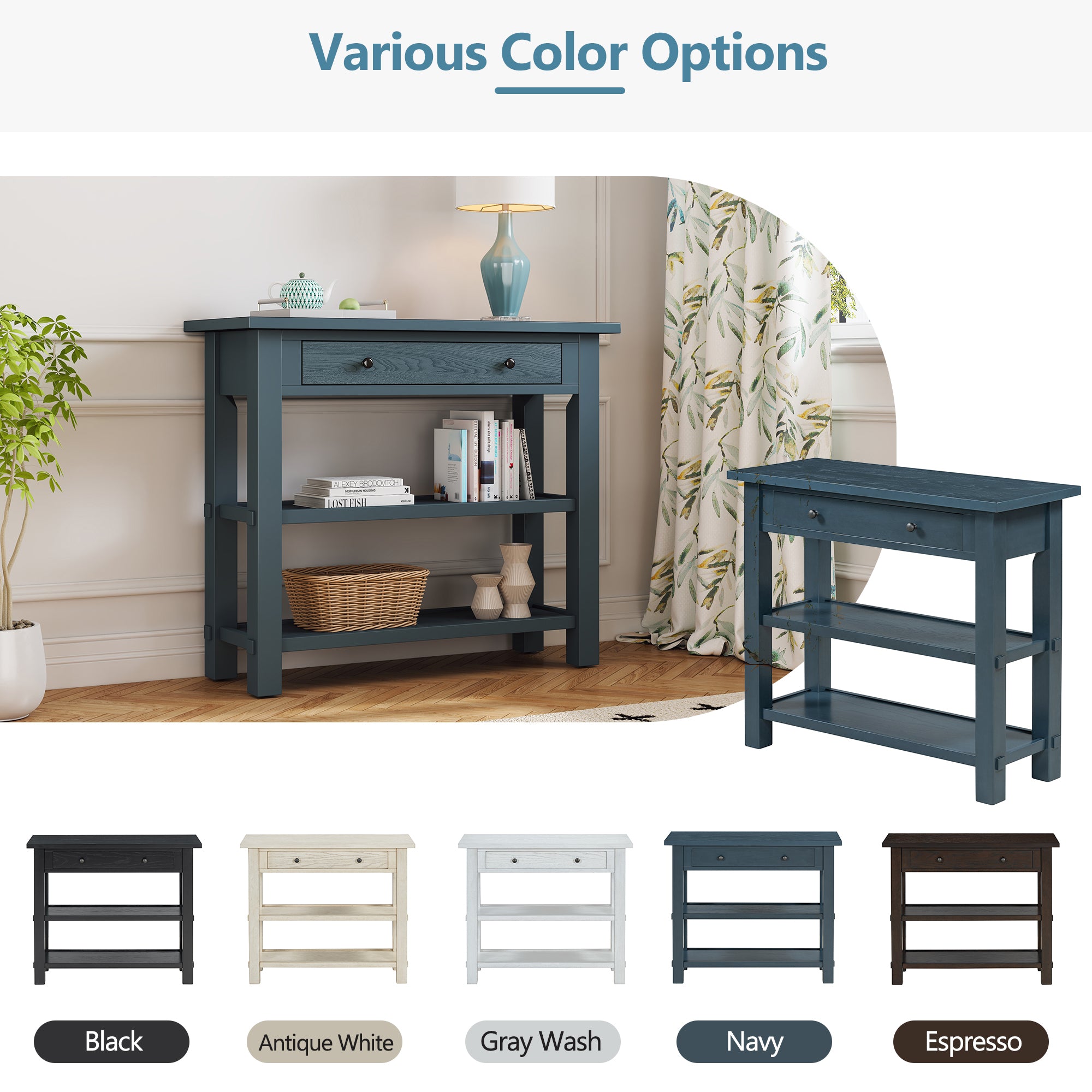 TREXM Retro Console Table with Drawer and Two Sturdy Shelves for Entryway, Living Room (Navy)