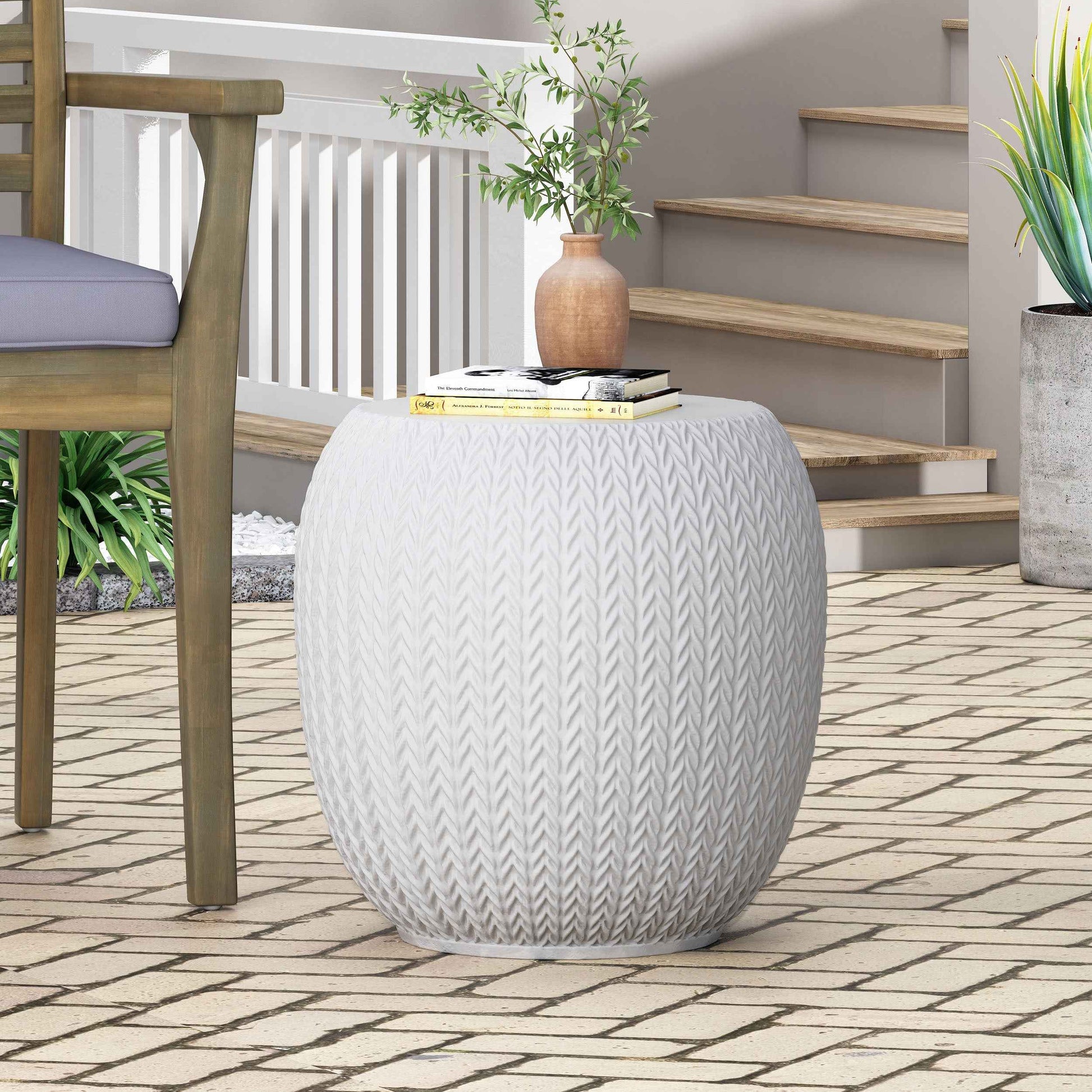 Elegant Outdoor Lightweight Concrete Side Table with Braided Pattern in Antique White