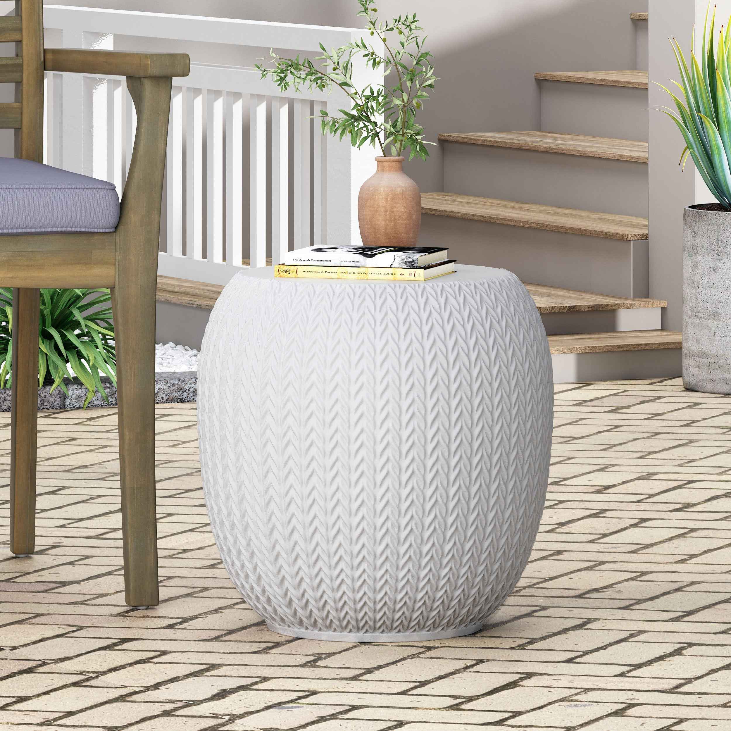 Elegant Outdoor Lightweight Concrete Side Table with Braided Pattern in Antique White