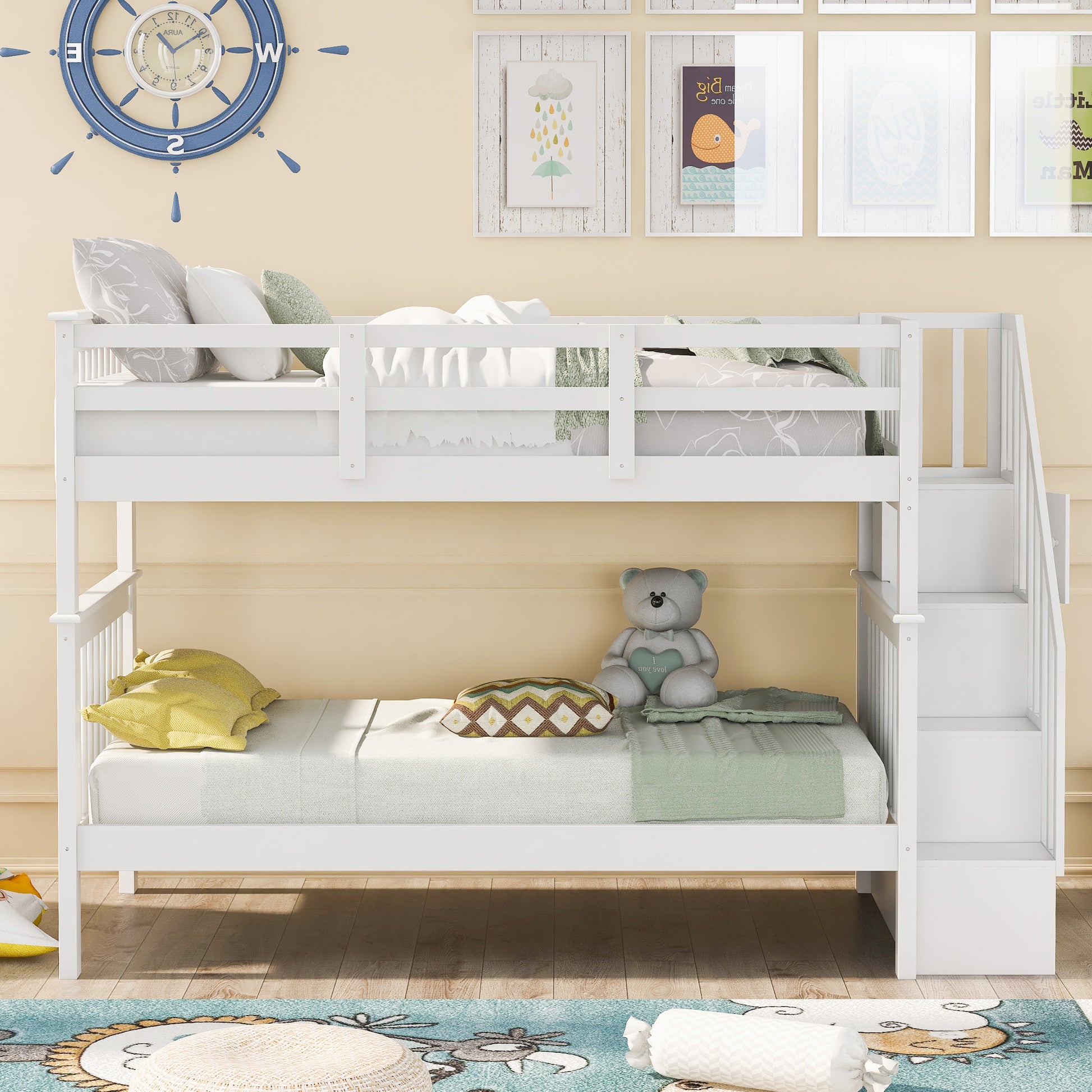 Stairway Twin-Over-Twin Bunk Bed with Storage and Guard Rail for Bedroom, Dorm, White color(OLD SKU :LP000109AAK) - Abrihome