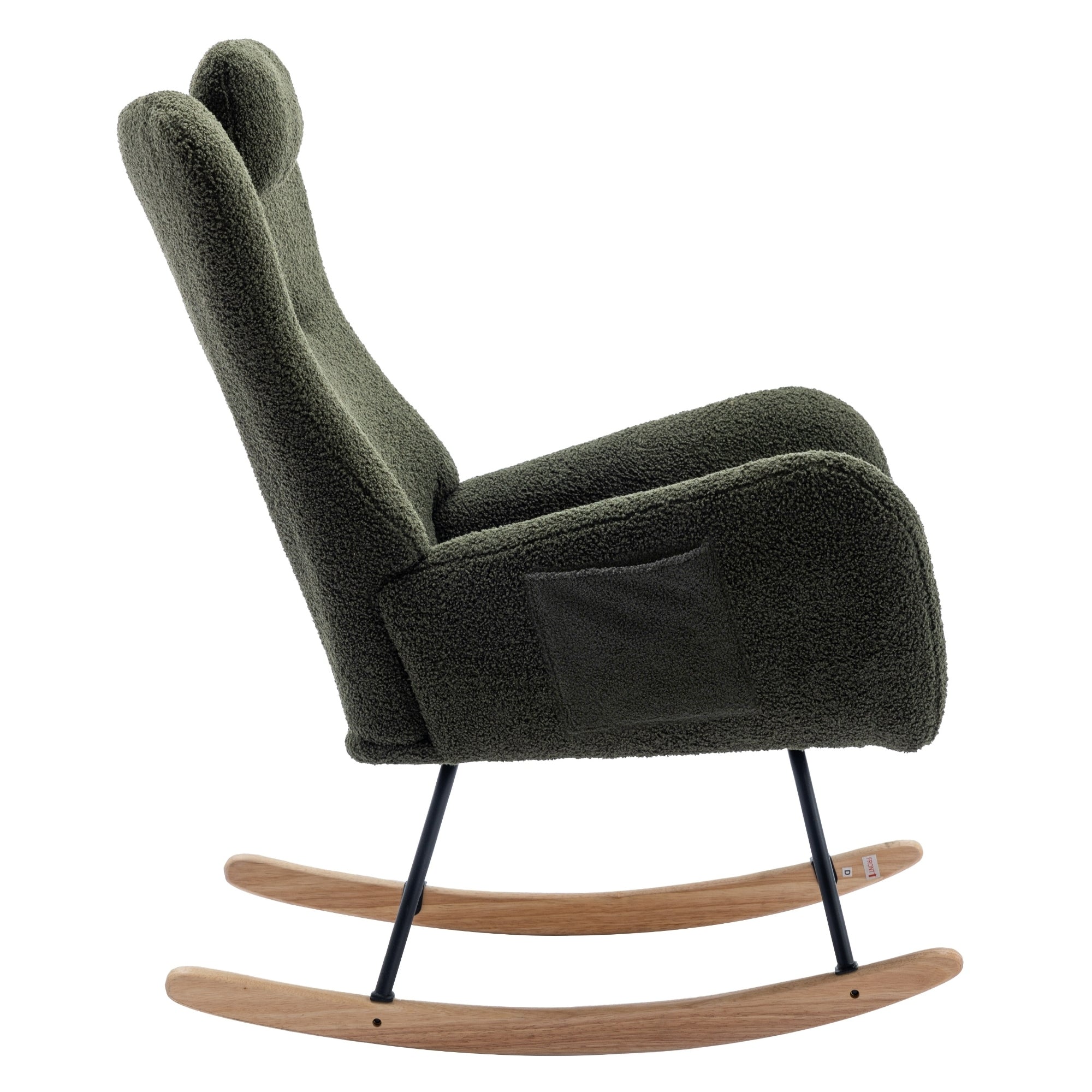 35.5 inch Rocking Chair with Pocket, Soft Teddy Fabric Rocking Chair for Nursery, Comfy Wingback Glider Rocker with Safe Solid Wood Base for Living Room Bedroom Balcony (dark green)