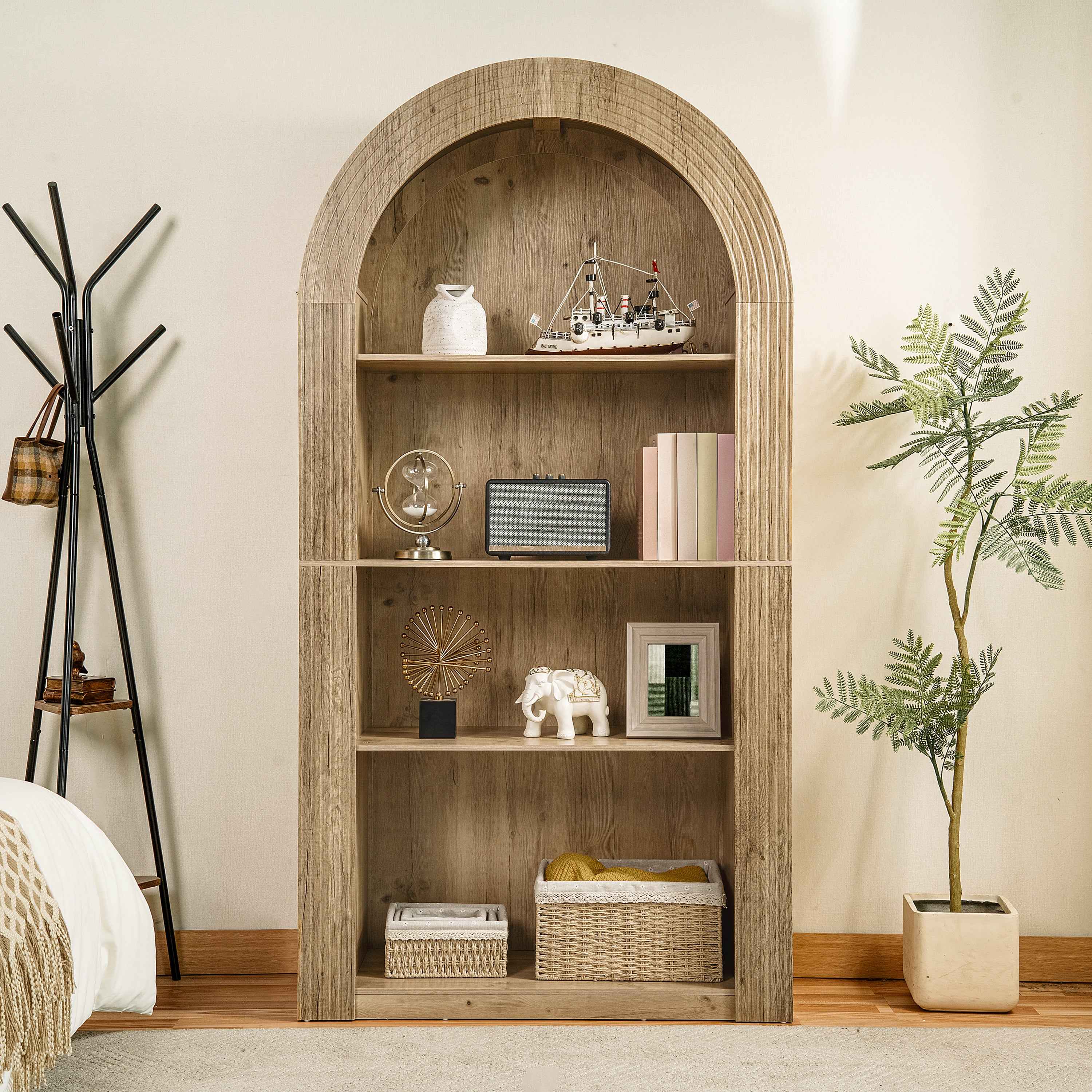 78.74' Tall Arched Bookcase,  Mid Century Modern 4-Tier Arched Storage Bookcase with Open Display Storage Shelf for Dining Room, Living Room,Bedroom (Natural)