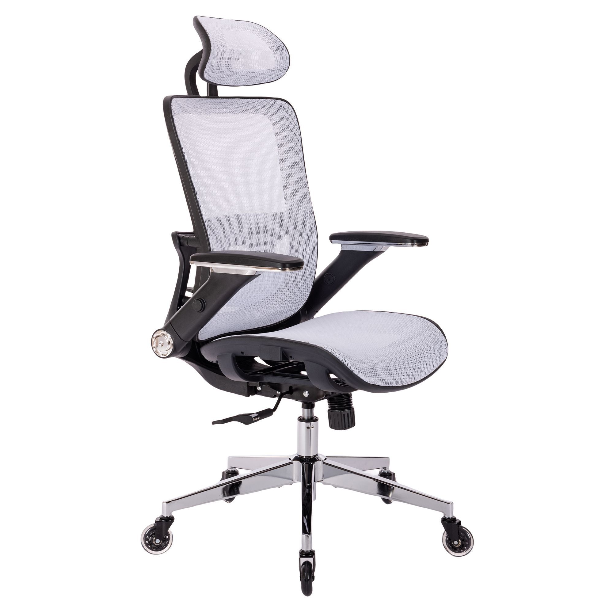 WHITE Ergonomic Mesh Office Chair, High Back - Adjustable Headrest with Flip-Up Arms, Tilt and lock Function, Lumbar Support and blade Wheels, KD chrome metal legs