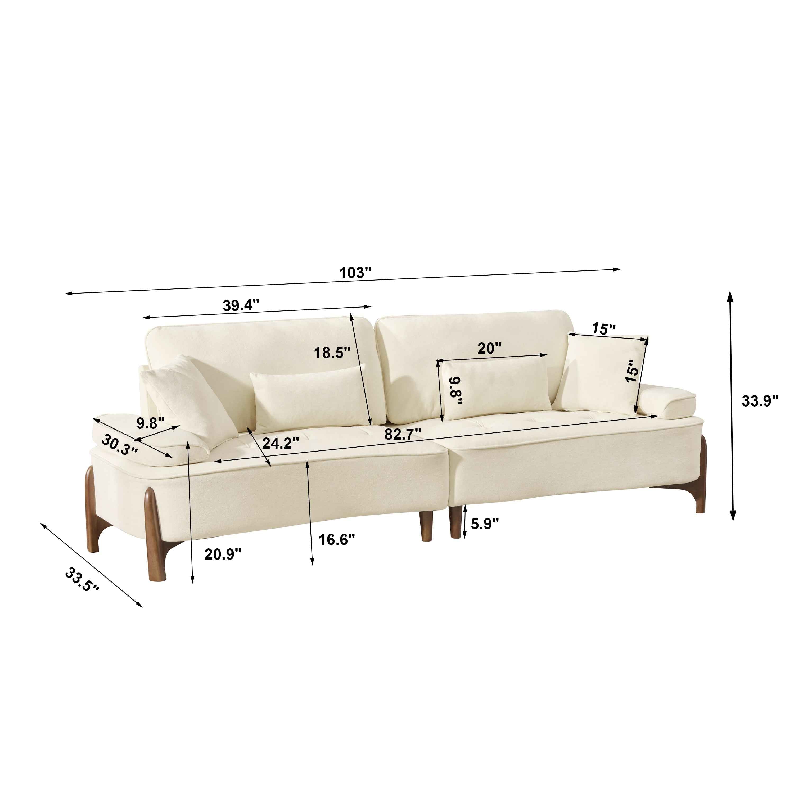 103 Inch Comfortable Deep Seated Sofa with Pillows in Beige Cloud Velvet Polyester for Bedroom, Living Room, Office