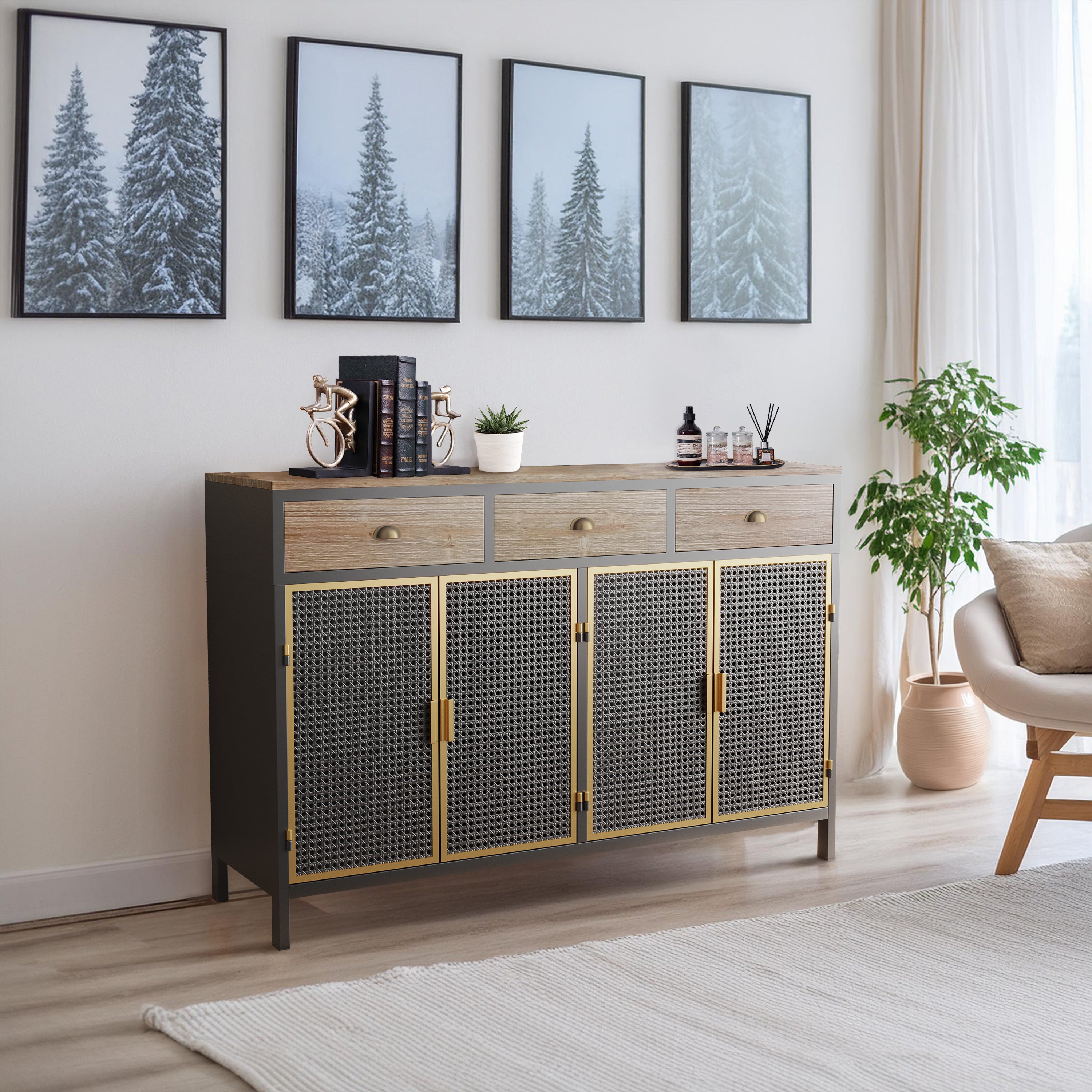 48" Wide  4 Doors Modern Sideboard with 3 Top Drawers, Freestanding Sideboard Storage Cabinet Entryway Floor Cabinet for Living Room Office Bedroom