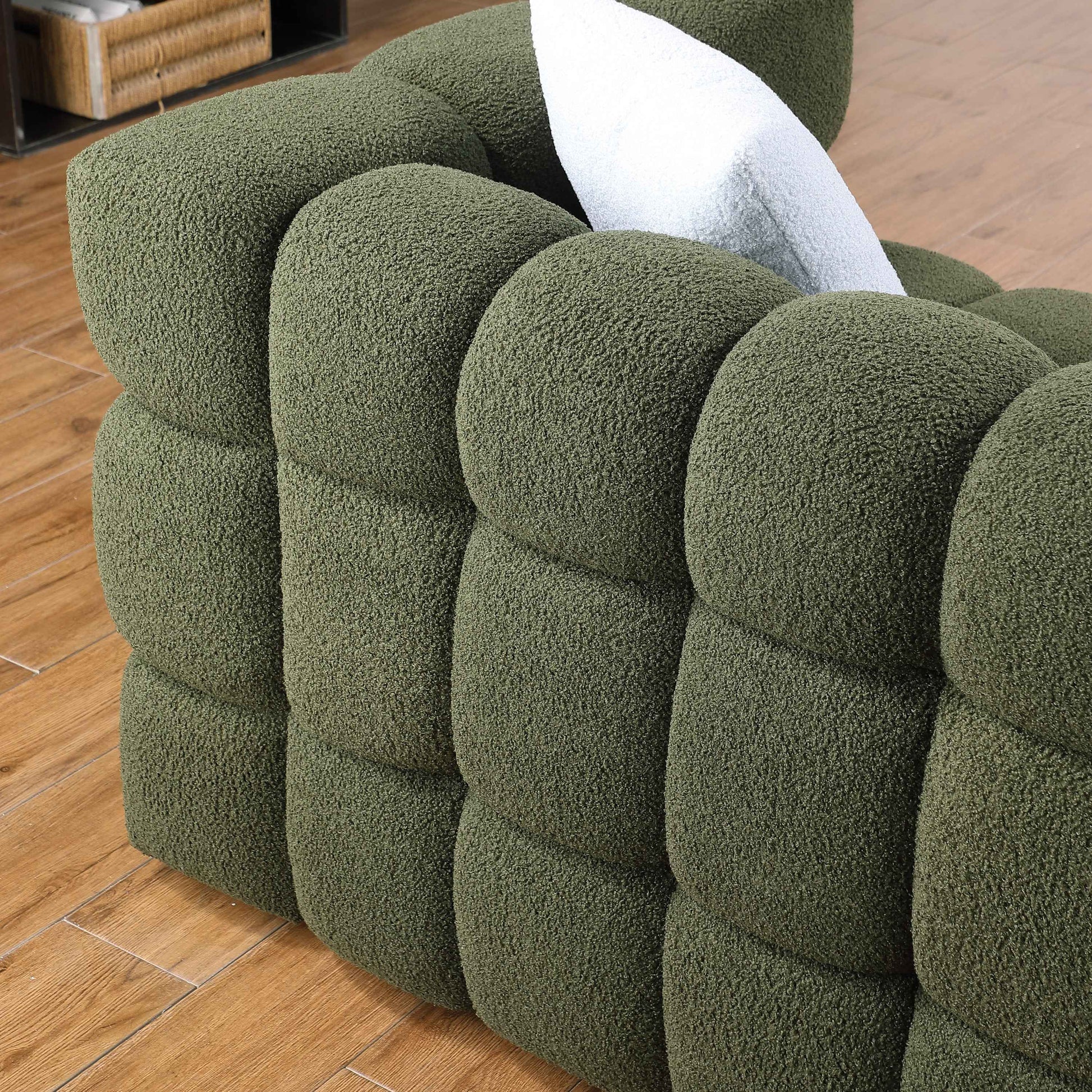 84.3 length ,35.83' deepth ,human body structure for USA people,  marshmallow sofa,boucle sofa ,3 seater, OLIVE GREEN BOUCLE