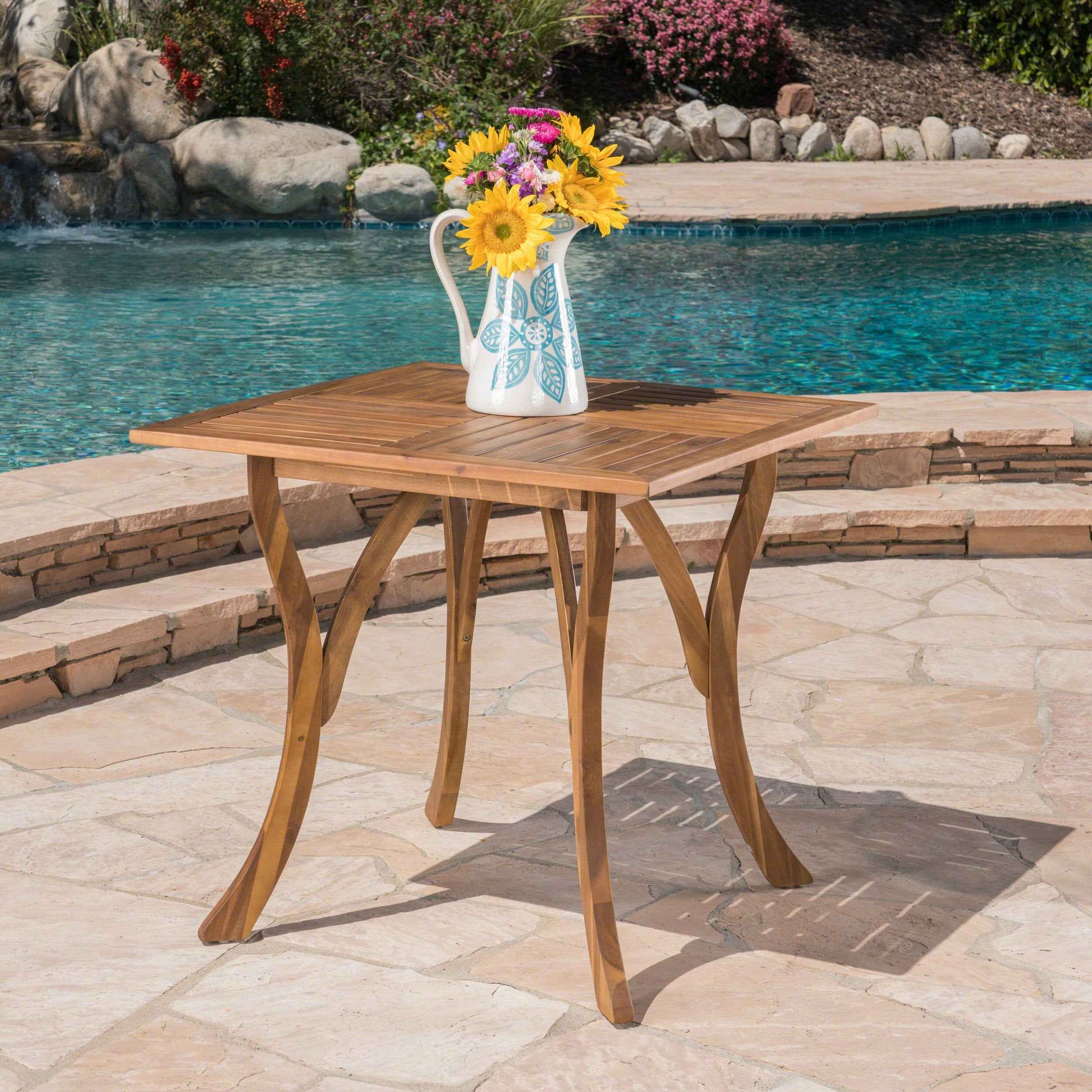 Outdoor Square Table with Curved Legs and Perpendicular Wooden Slats Table Top, Teak