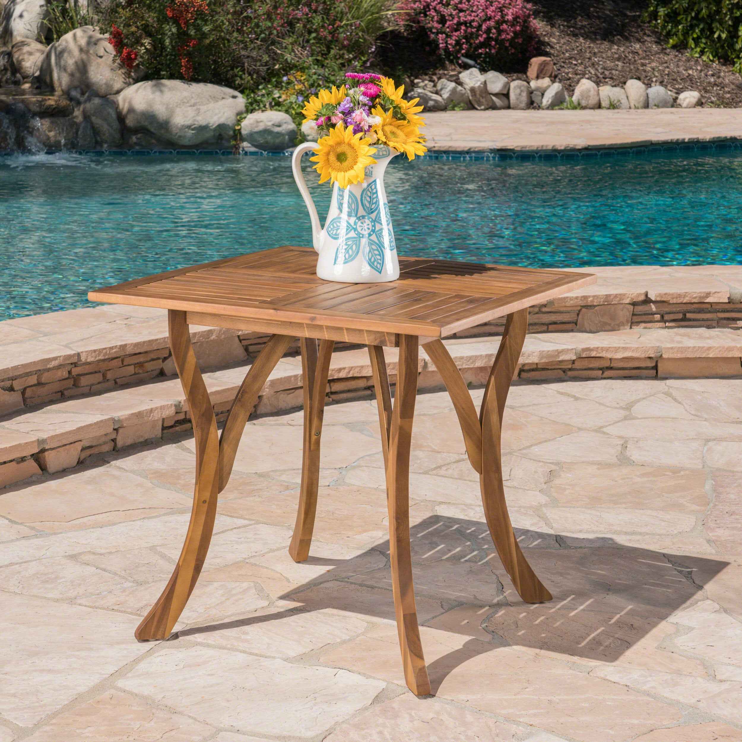 Outdoor Square Table with Curved Legs and Perpendicular Wooden Slats Table Top, Teak