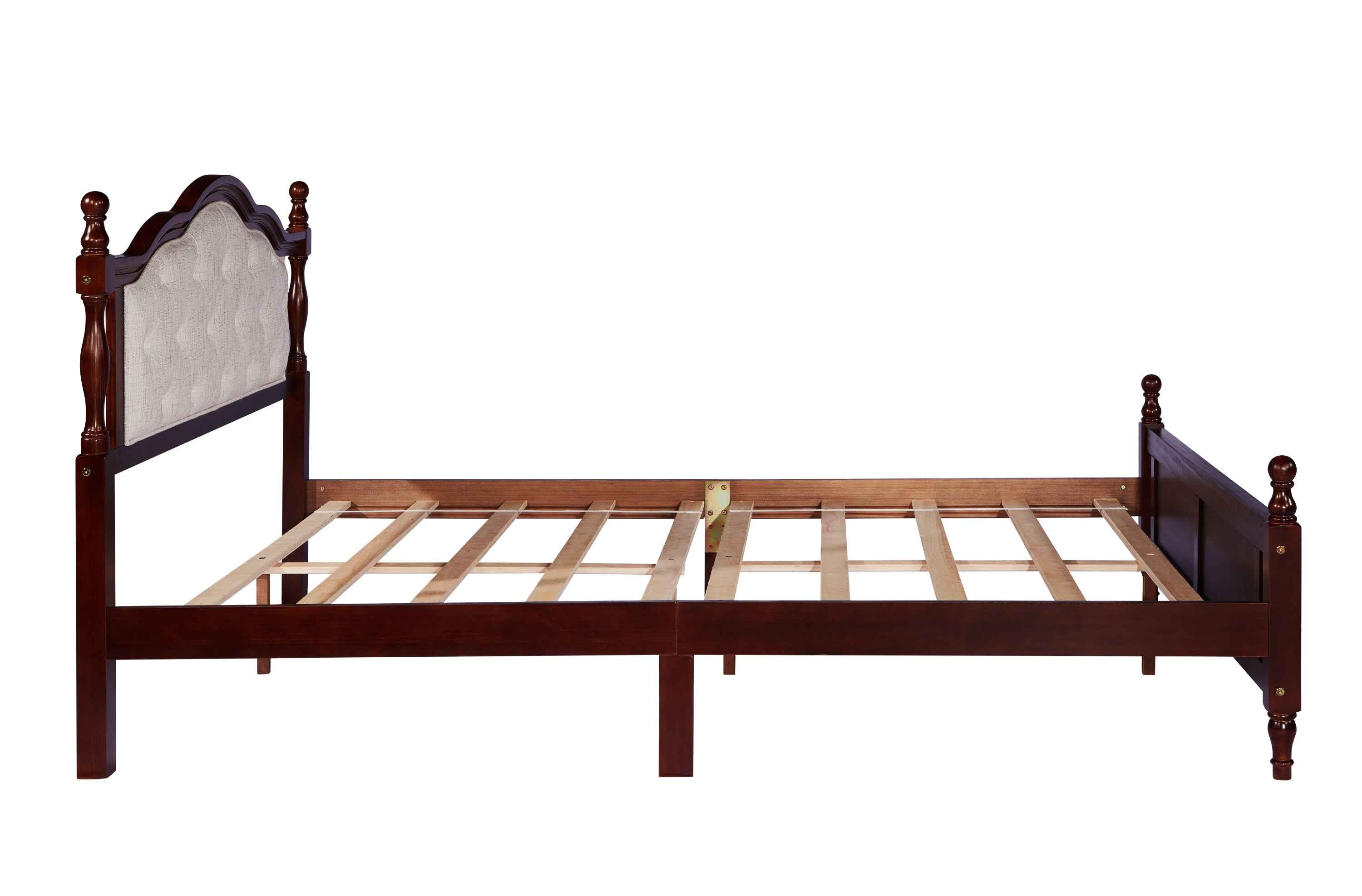 Queen Pine wooden Bed with Upholstered Headboard  and Panel Footboard, with  Two Bed Rail Support Feet and Central Platform Support Feet ,Classic Cherry