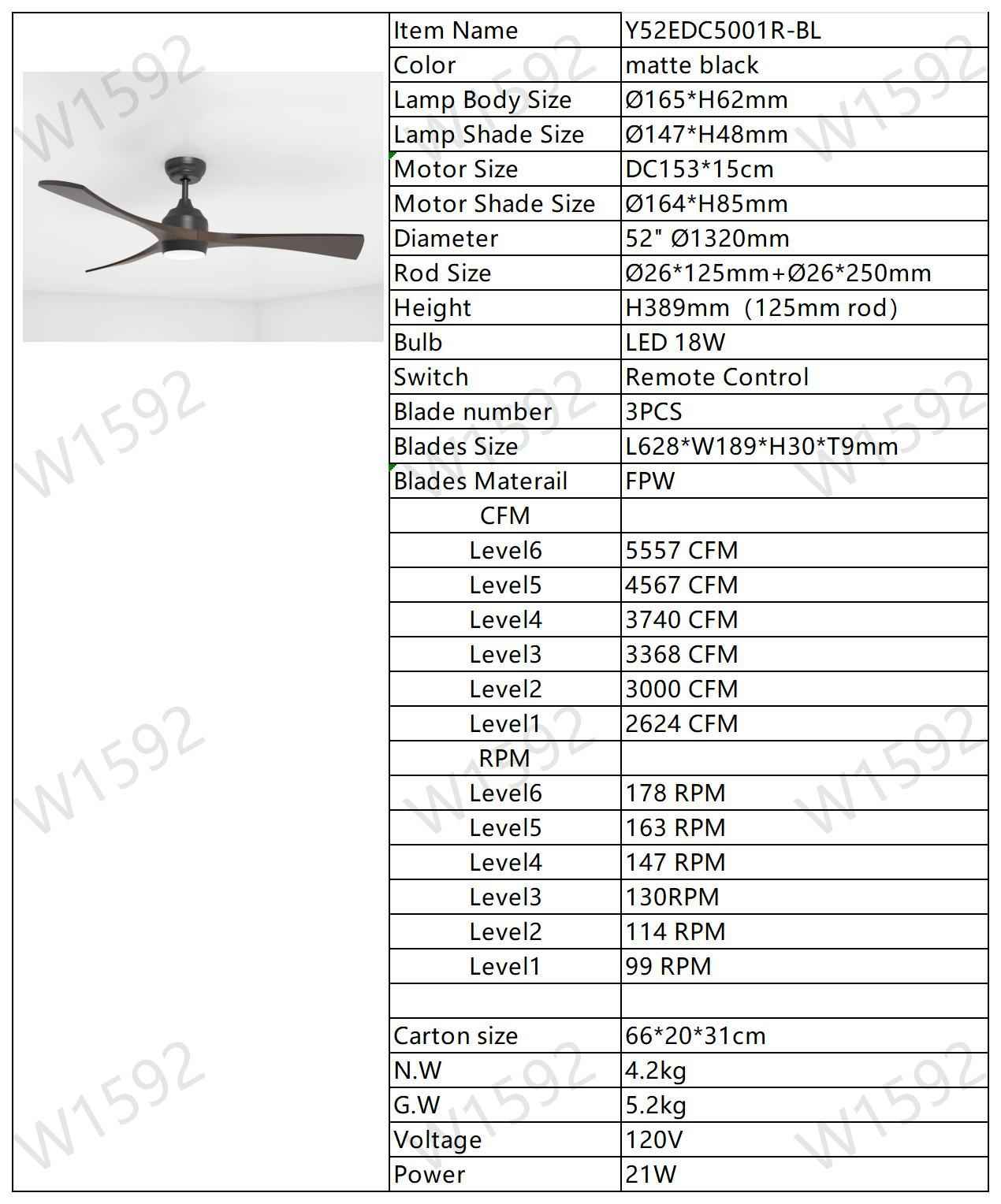 52' Ceiling Fan with Lights Remote Control,Quiet DC Motor 3 Blade Ceiling Fans 6 Speed Levels,Reversible Ceiling Fan, for Patio Living Room, Bedroom, Office,Indoor.(Matte Black +Black Walnut )