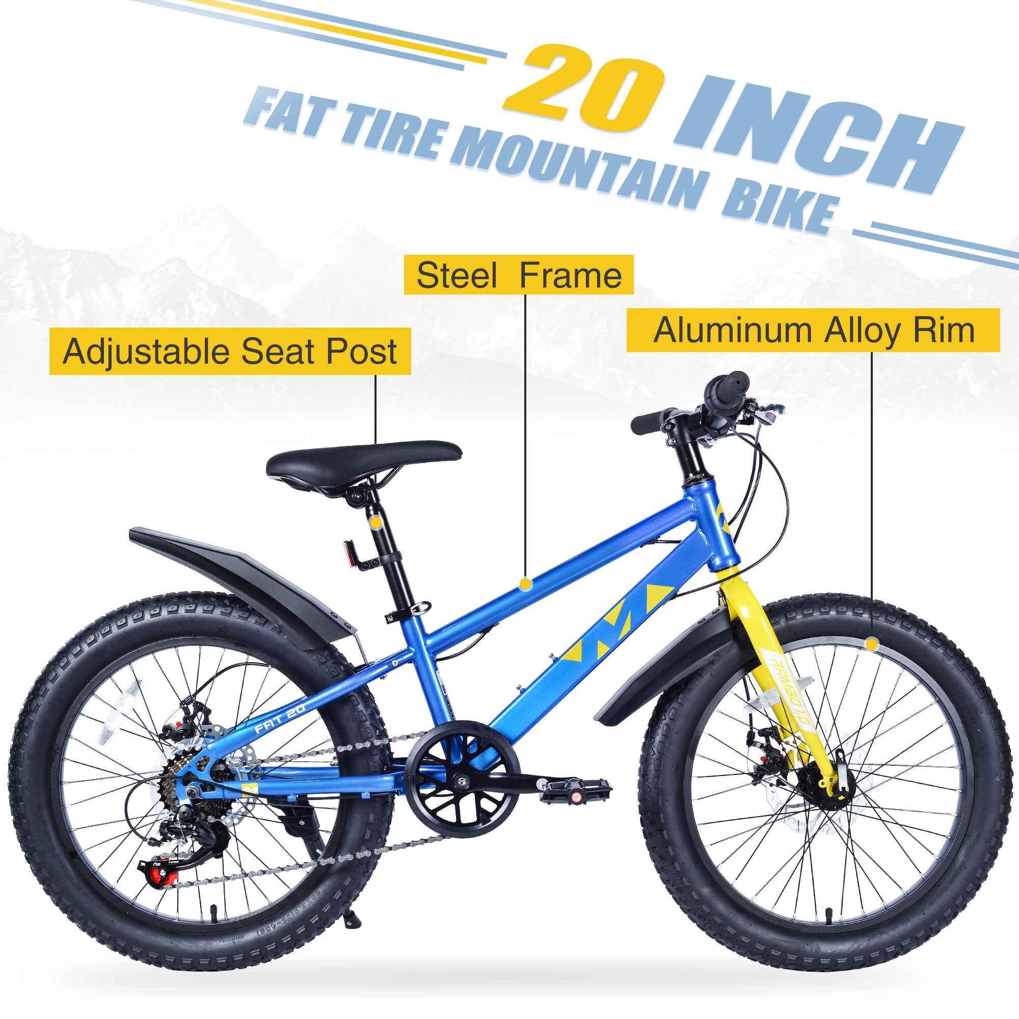 20 Inch Kids Bicycles , Fat Tire Mountain Bike for Boys and Girls Age 5 + Years ,7-Speed Dual-Disc Brake ,Kids Beach and Snow Bicycle
