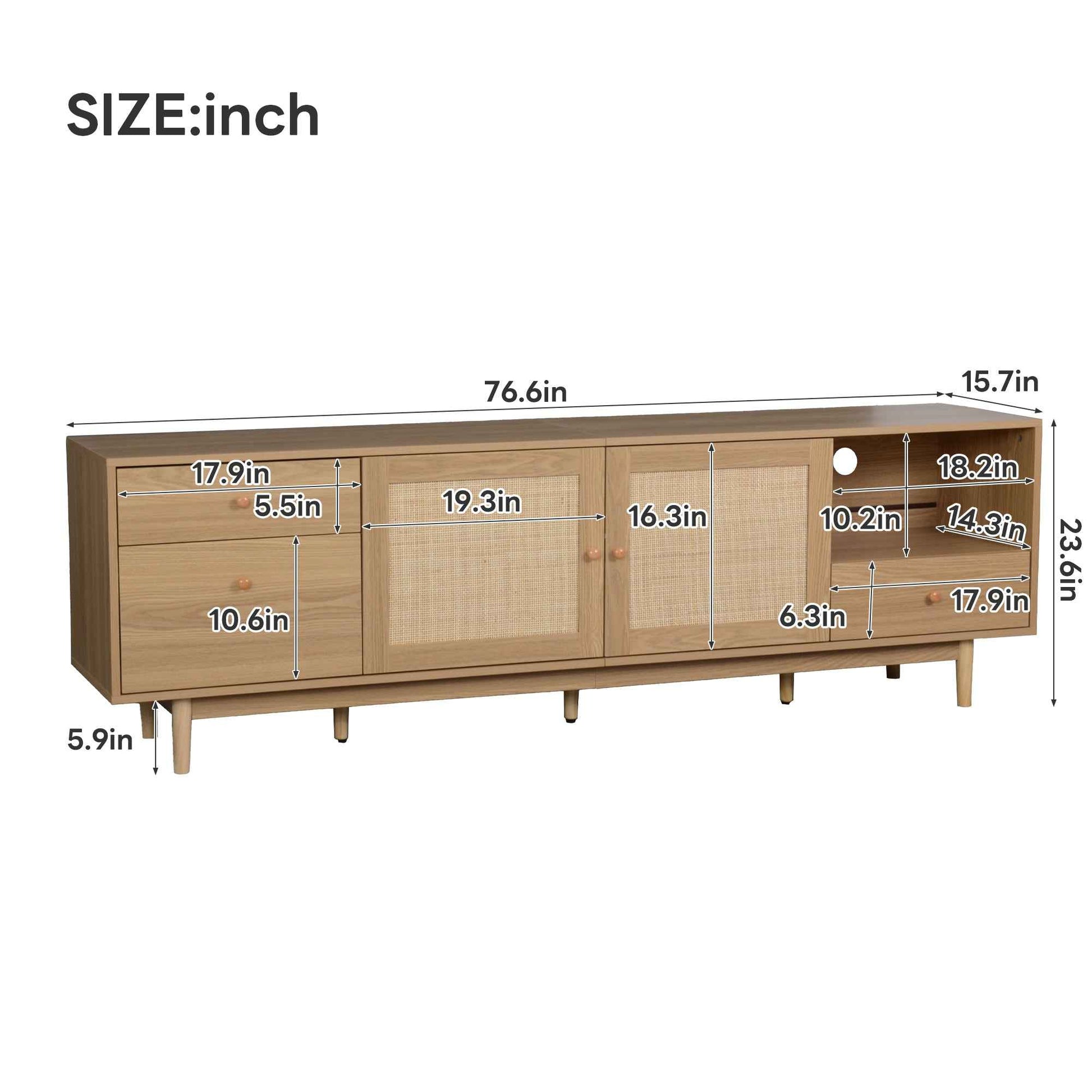 Boho TV Stand for 65 75 85 Inch TV with Real Rattan Doors, Modern Wood Media Console in Natural Finish, 76.6'' L x 15.7'' W x 23.6'' H