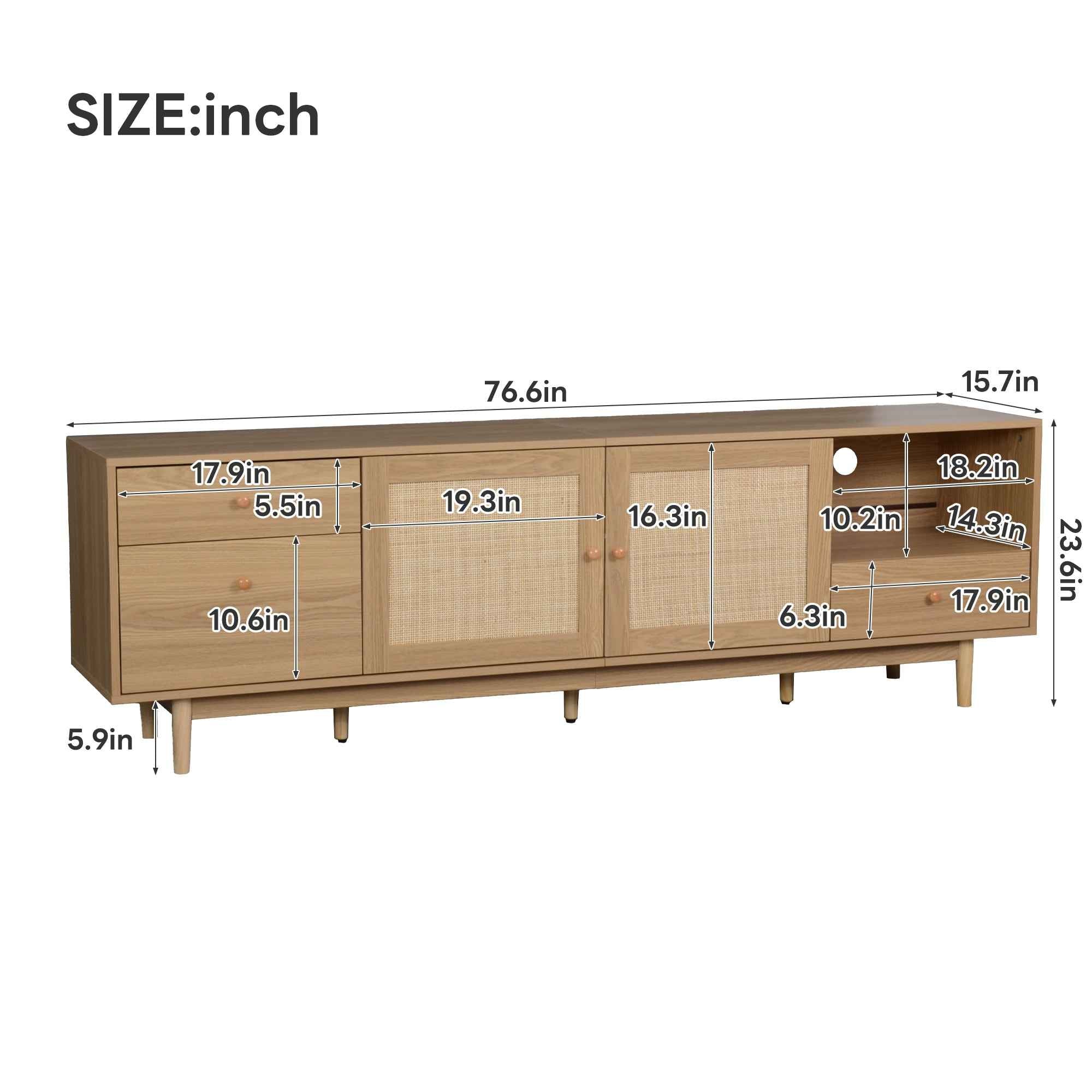 Boho TV Stand for 65 75 85 Inch TV with Real Rattan Doors, Modern Wood Media Console in Natural Finish, 76.6'' L x 15.7'' W x 23.6'' H