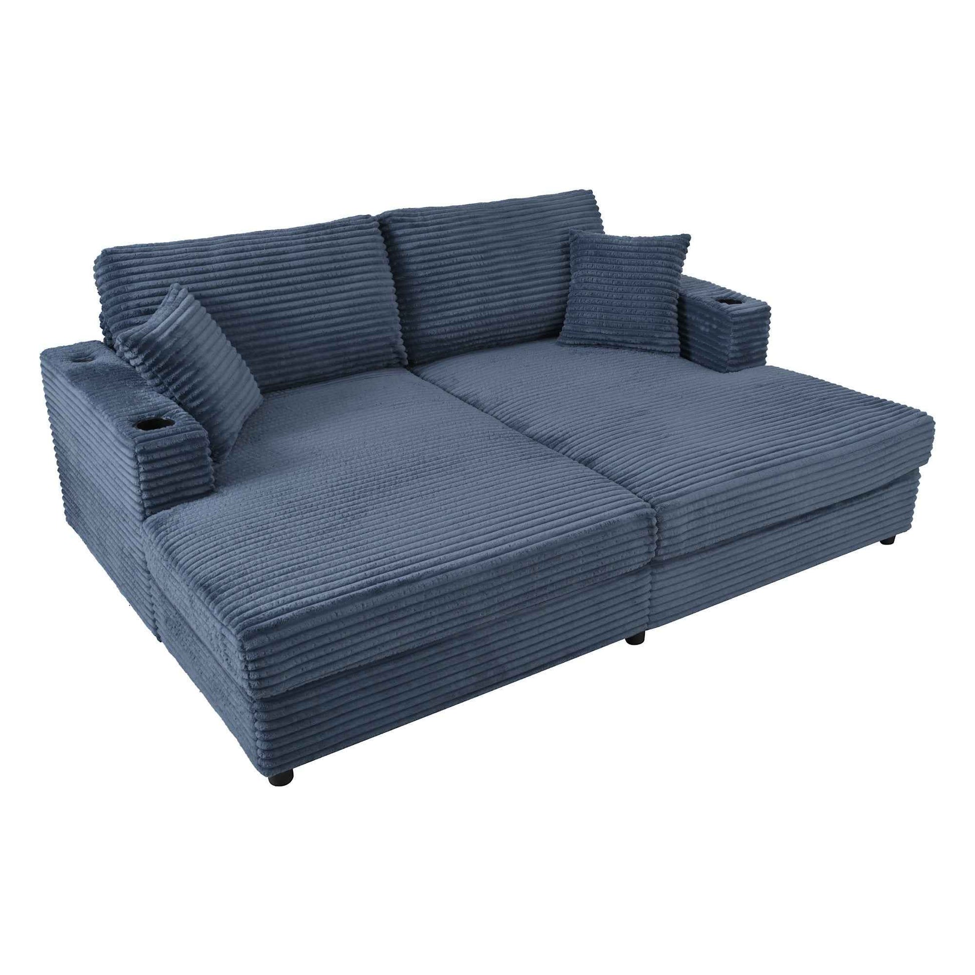 Oversized Loveseat Chaise Lounge Sectional Sofa Bed with USB Ports, Cup Holders, and Throw Pillows, Blue Corduroy