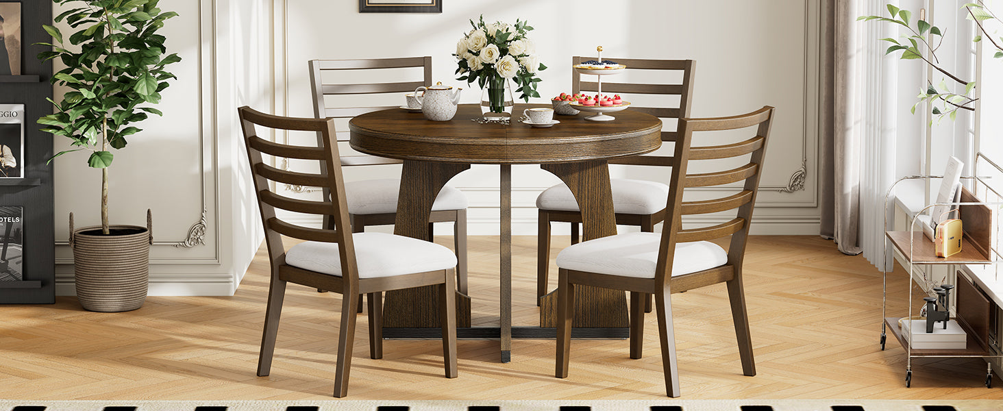 TREXM 5-Piece Retro Rustic Functional Dining Set Unique Geometric Design, 1 Extendable Table with a 16-inch Leaf and 4 Upholstered Chairs Ideal for Dining Room and Kitchen (Walnut)