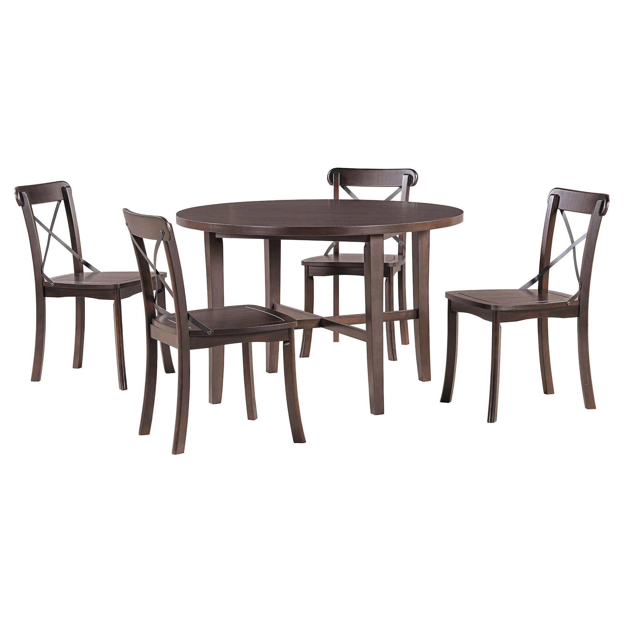 TREXM 5-piece Dining Set, Retro Simple Round Table and 4 Chairs with X-shaped Backrest for Kitchen, Dining Room and Living Room (Espresso)