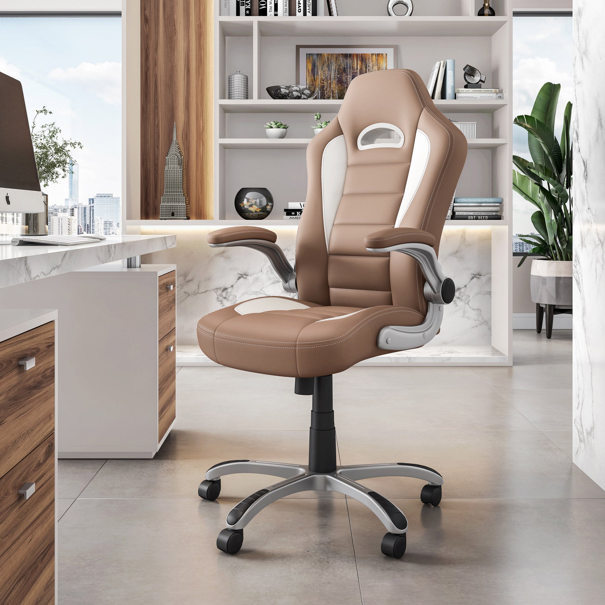 Techni Mobili High Back Executive Sport Race Office Chair with Flip-Up Arms, Camel - Abrihome