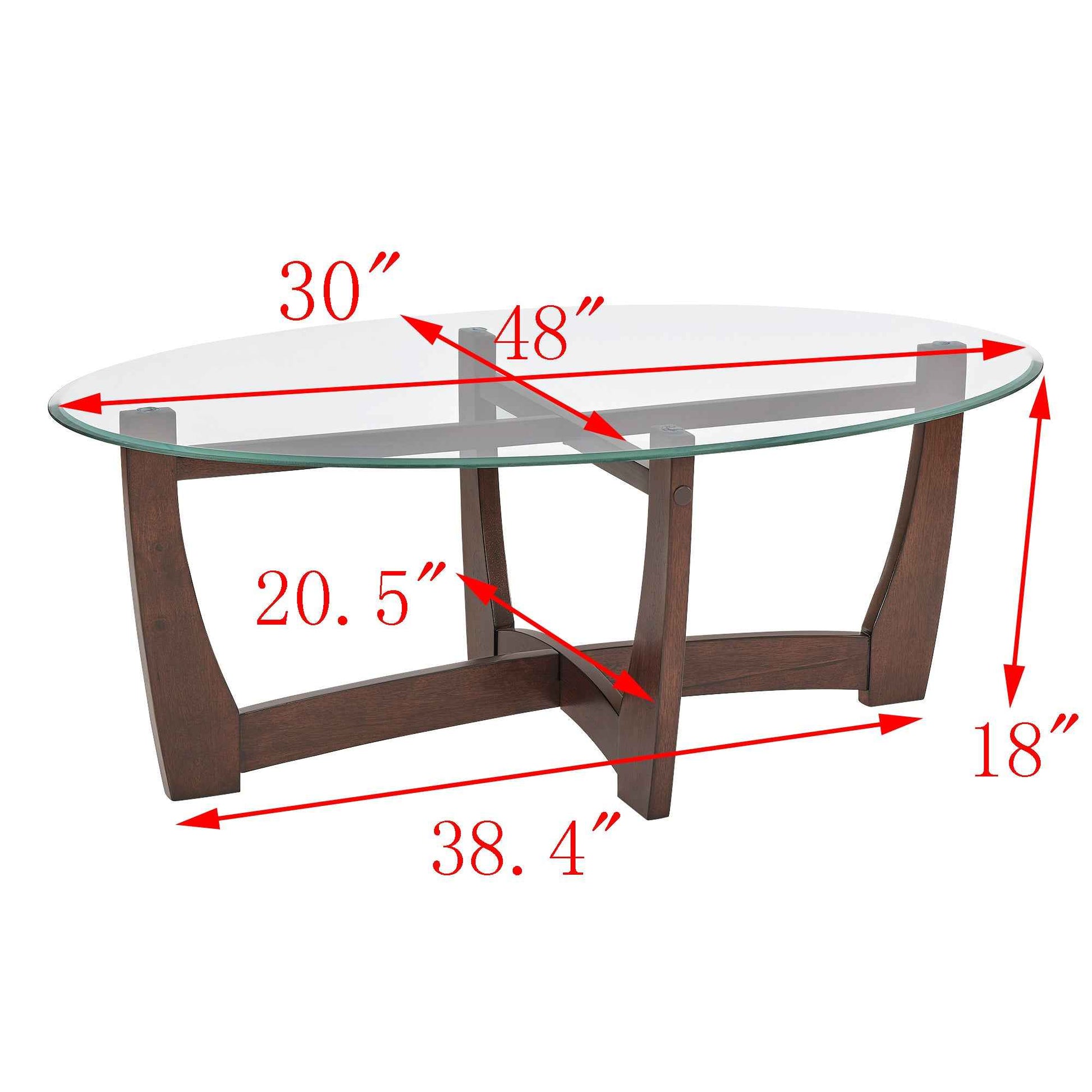 48 Inch Oval Glass Coffee Table, Cherry Round Coffee Table Center Table with Glass Top, Small Coffee Table for Living Room, Office and Apartment