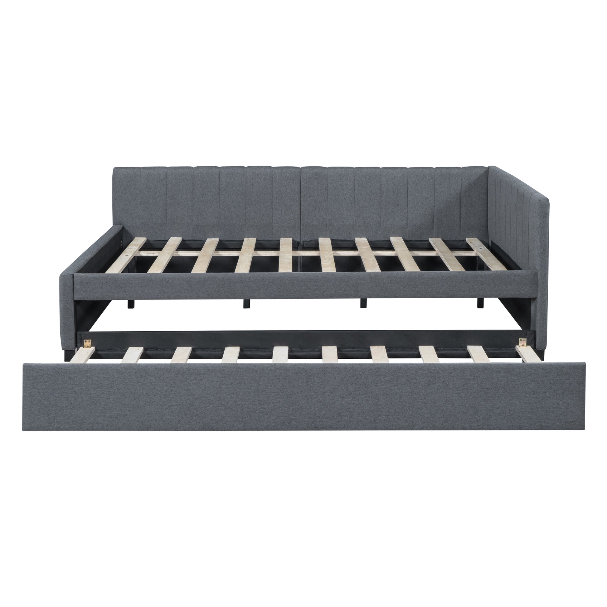 Full Size Upholstered Daybed with Trundle Sofa Bed Frame No Box Spring Needed, Linen Fabric(Gray) - Abrihome
