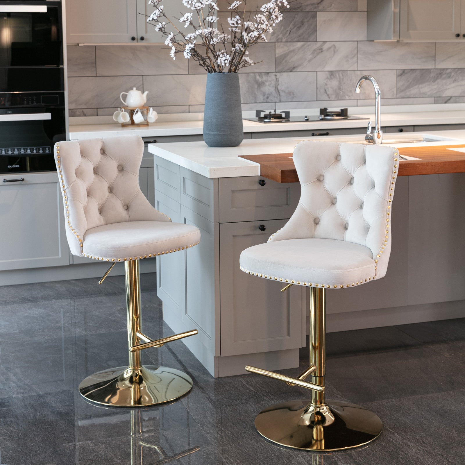 A&A Furniture,Golden Swivel Velvet Barstools Adjusatble Seat Height from 25-33 Inch,Modern Upholstered Bar Stools with Backs Comfortable Tufted for Home Pub and Kitchen Island,Beige,Set of 2