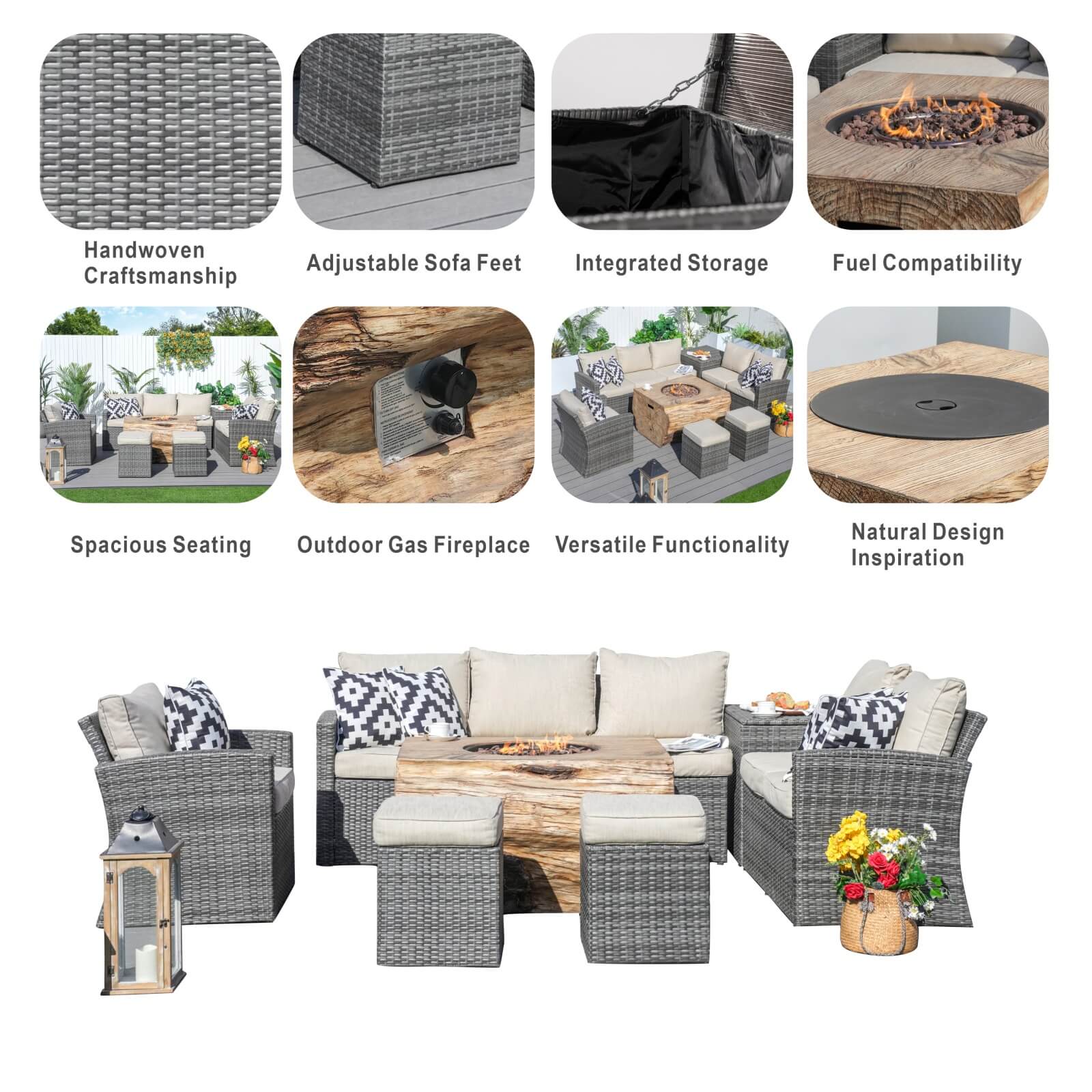 7-Piece Outdoor Fire Pit Set with TerraFlame Rectangle Table(PAG-1403B+2170) - Abrihome
