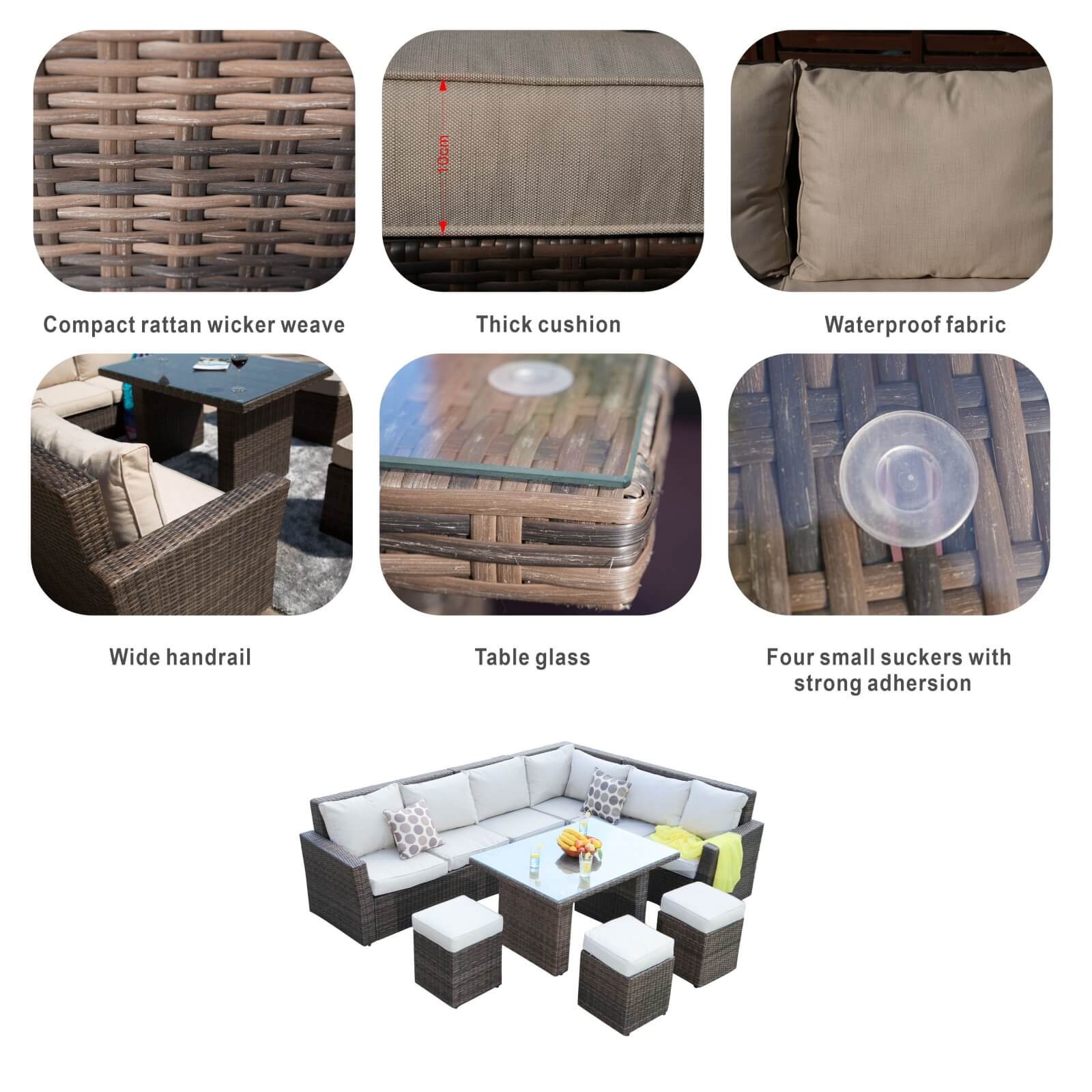 Outdoor Corner Sofa Set with Rectangular Dining Table and Ottoman(PAS-1403-SET) - Abrihome