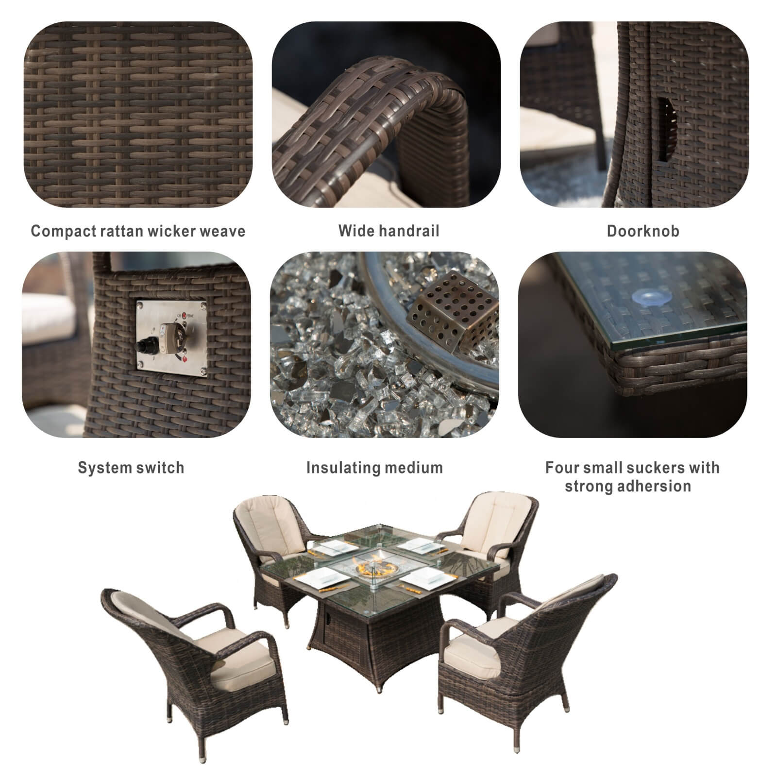 Outdoor Conversation Set with Square Fire Pit Table for 4 Seats(PAG-1104+009-BR) - Abrihome