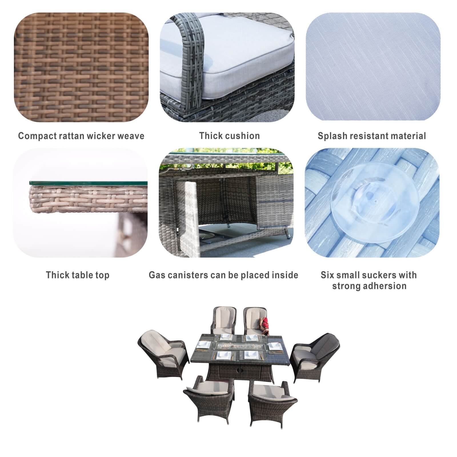 6-Seat Outdoor Fire Pit Dining Set with Rectangle Fire Pit Table  (PAG-1106R-SET) - Abrihome